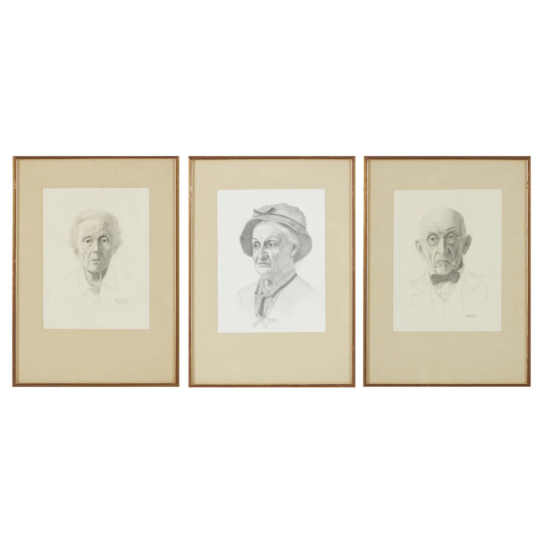 ALBERT MESCH OLSON. Porträtt, 3 st, blyertsteckningar, signerade och