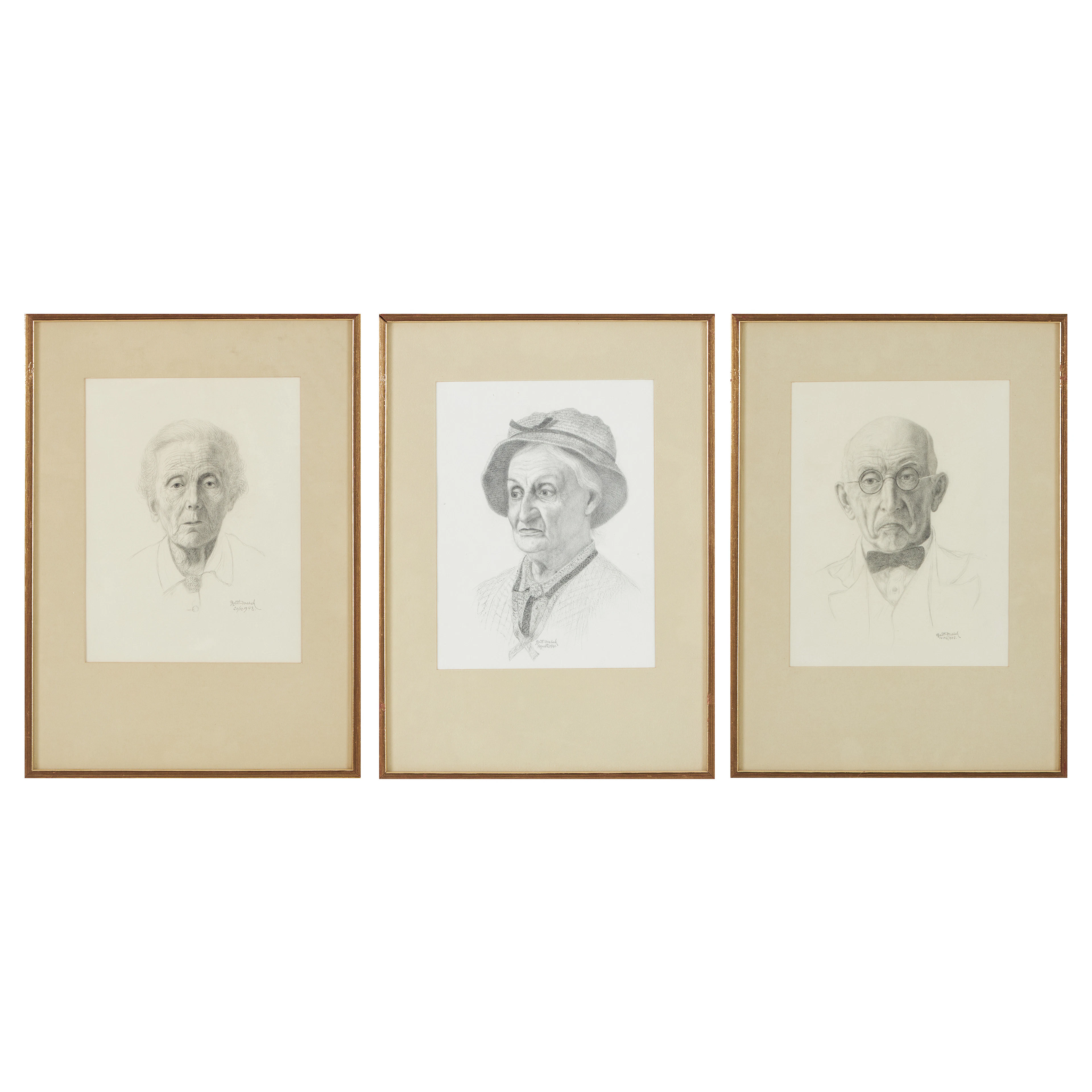 ALBERT MESCH OLSON. Porträtt, 3 st, blyertsteckningar, signerade och