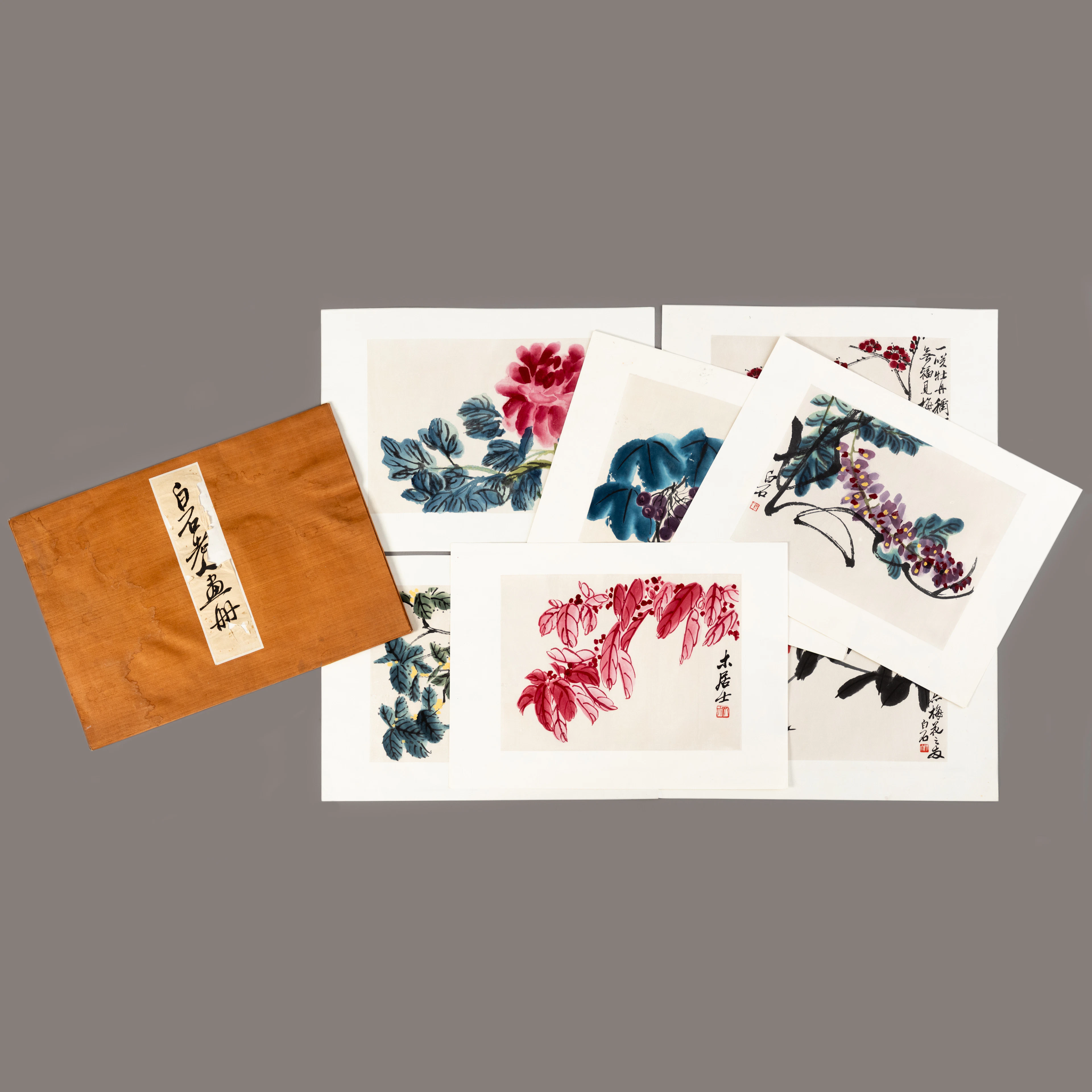 QI BAISHI. Album von 9 Farbholzschnitten, Rong Bao Zhai, Peking, 1953.