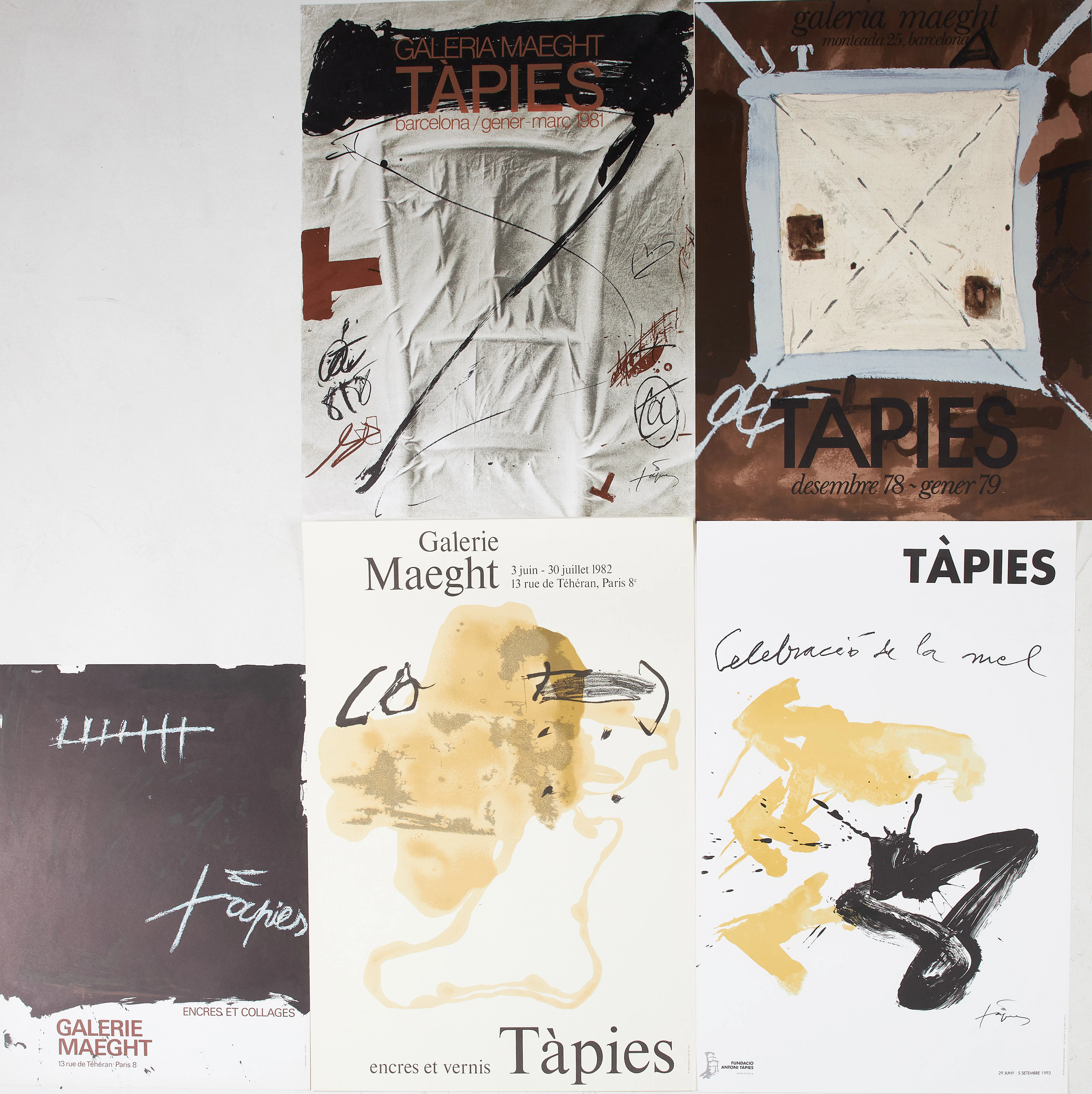 ANTONI TÀPIES. EFTER. Utställningsaffischer, 5 st, Galerie Maeght, 1970-90 tal.