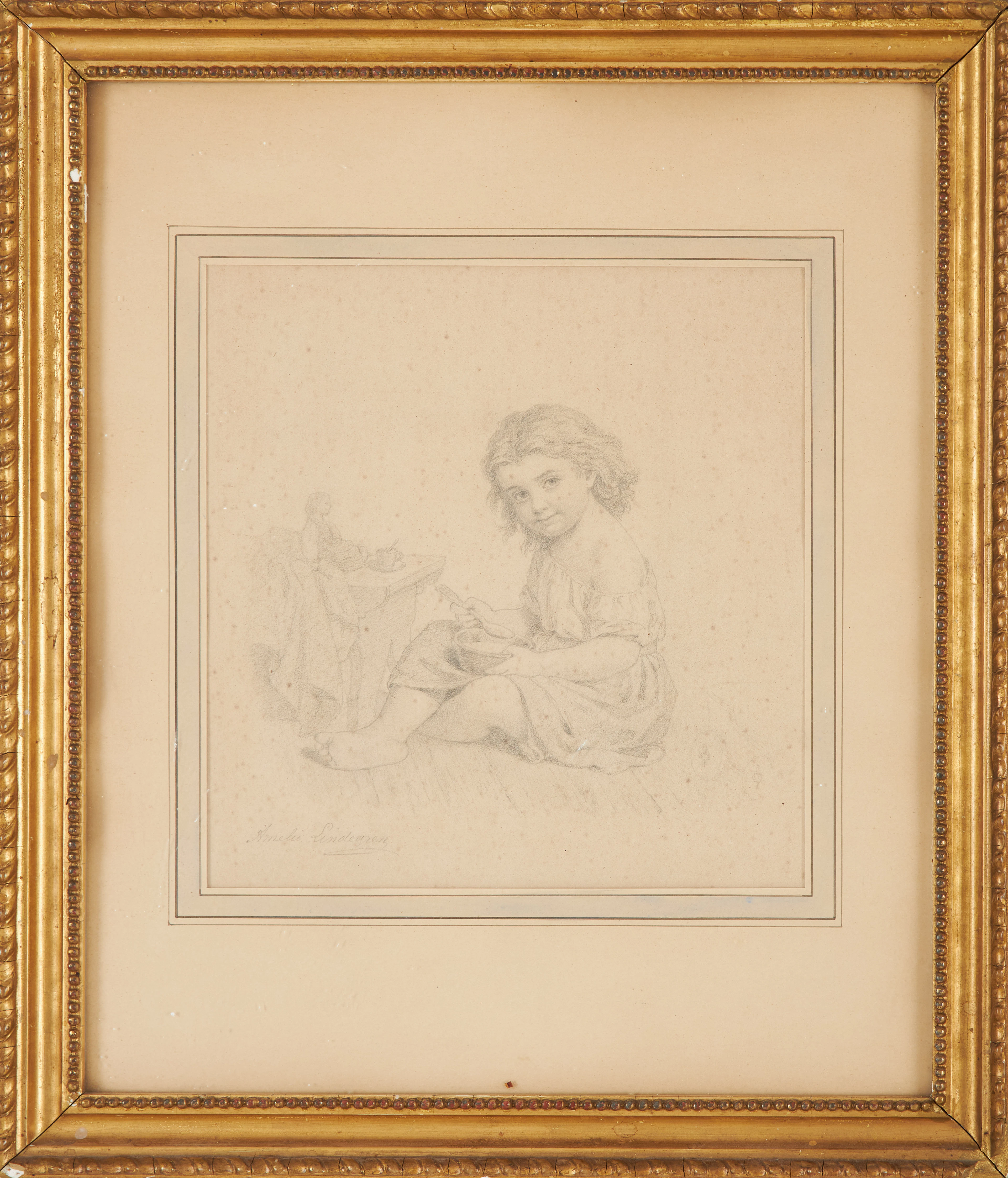 AMALIA LINDEGREN. Barn som äter, blyerts, signerad, är sannolikt en