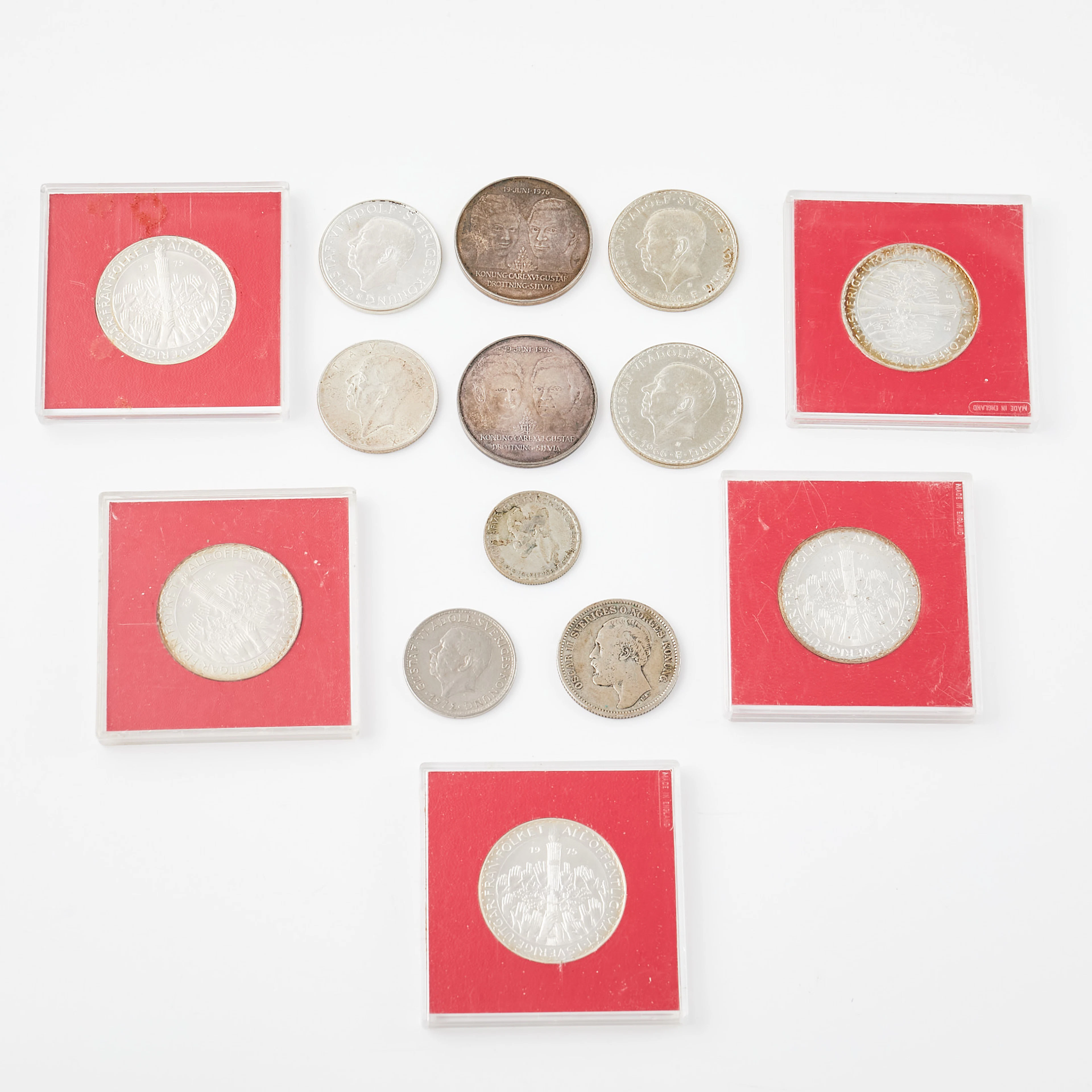 MYNT. 13 st, silver, Oscar II, Gustav V, Gustaf VI Adolf, Carl XVI