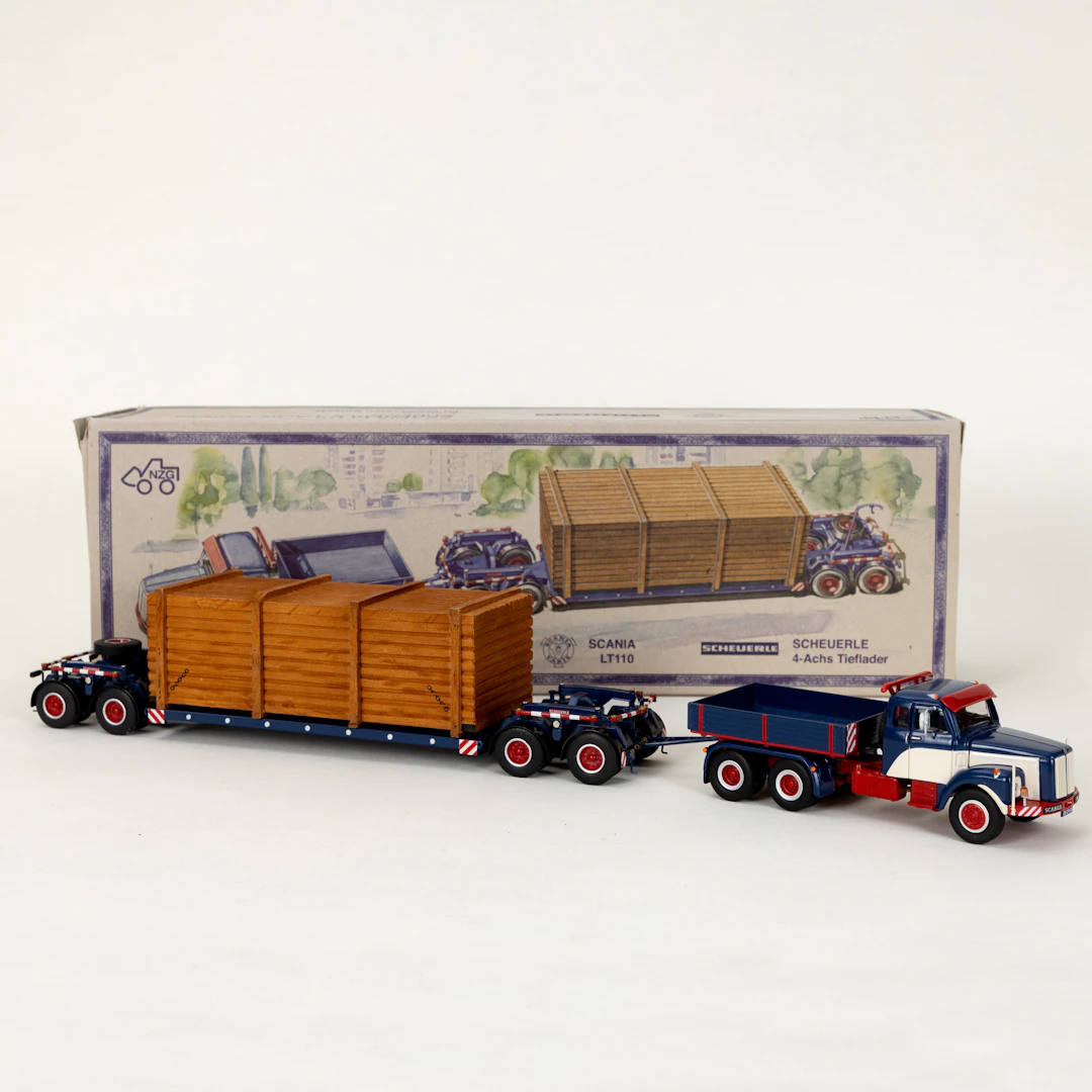 ZG Modell, Scania, 4-Achs Tieflader in Originalverpackung.