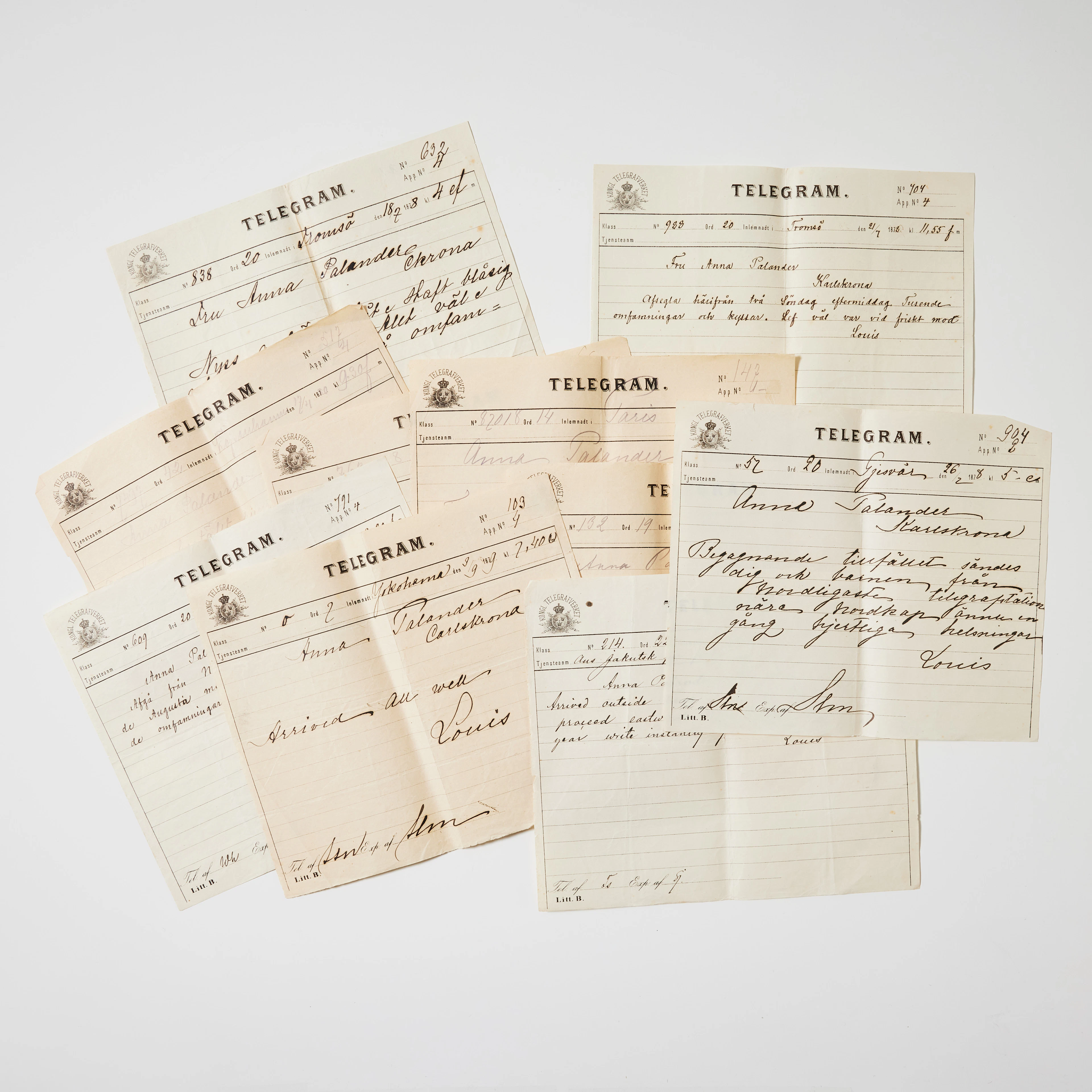 LOUIS PALANDERS TELEGRAM TILL HUSTRUN UNDER VEGAEXPEDITIONEN.