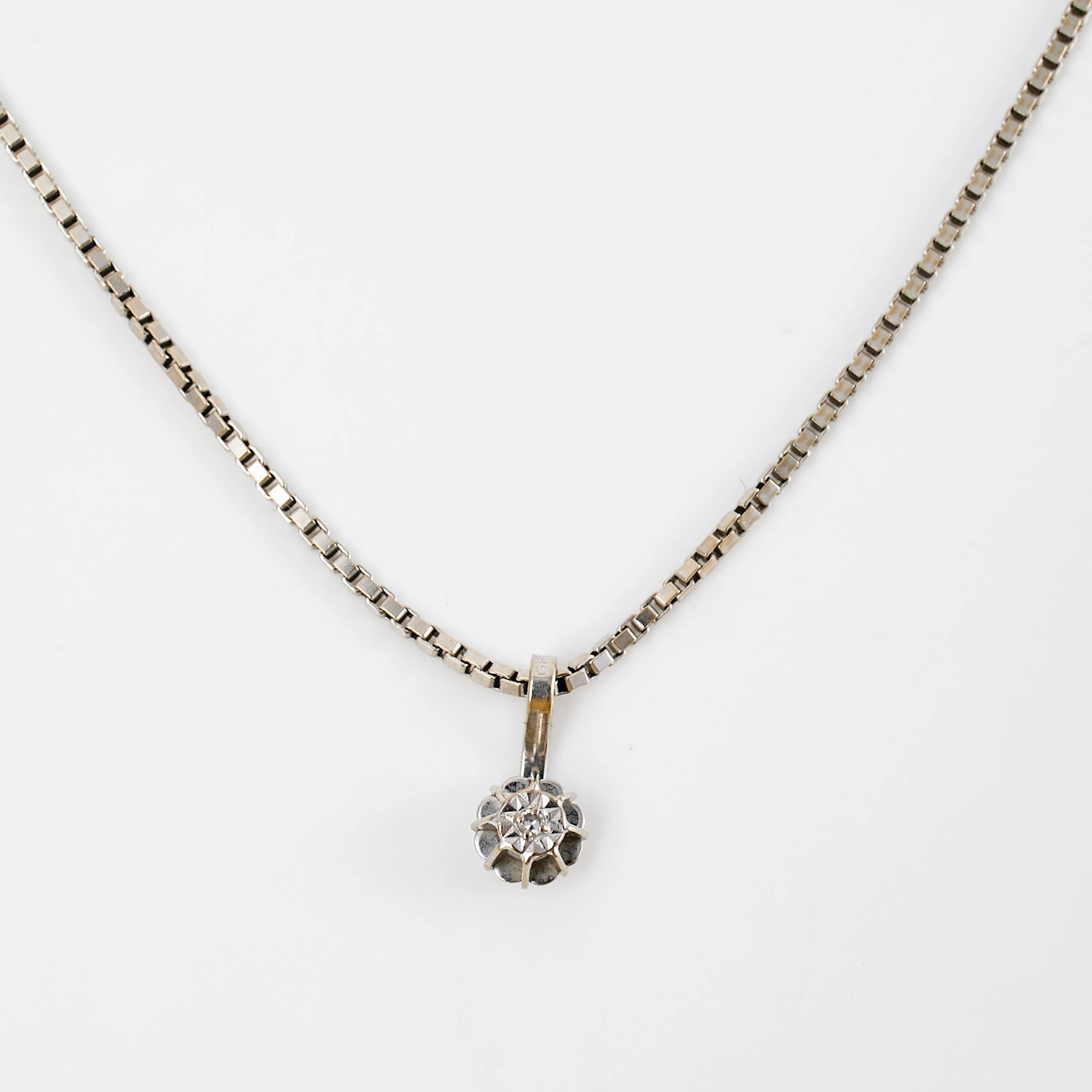 HALSBAND med HÄNGE, 18 k vitguld, venetiansk länk, 1 briljantslipad