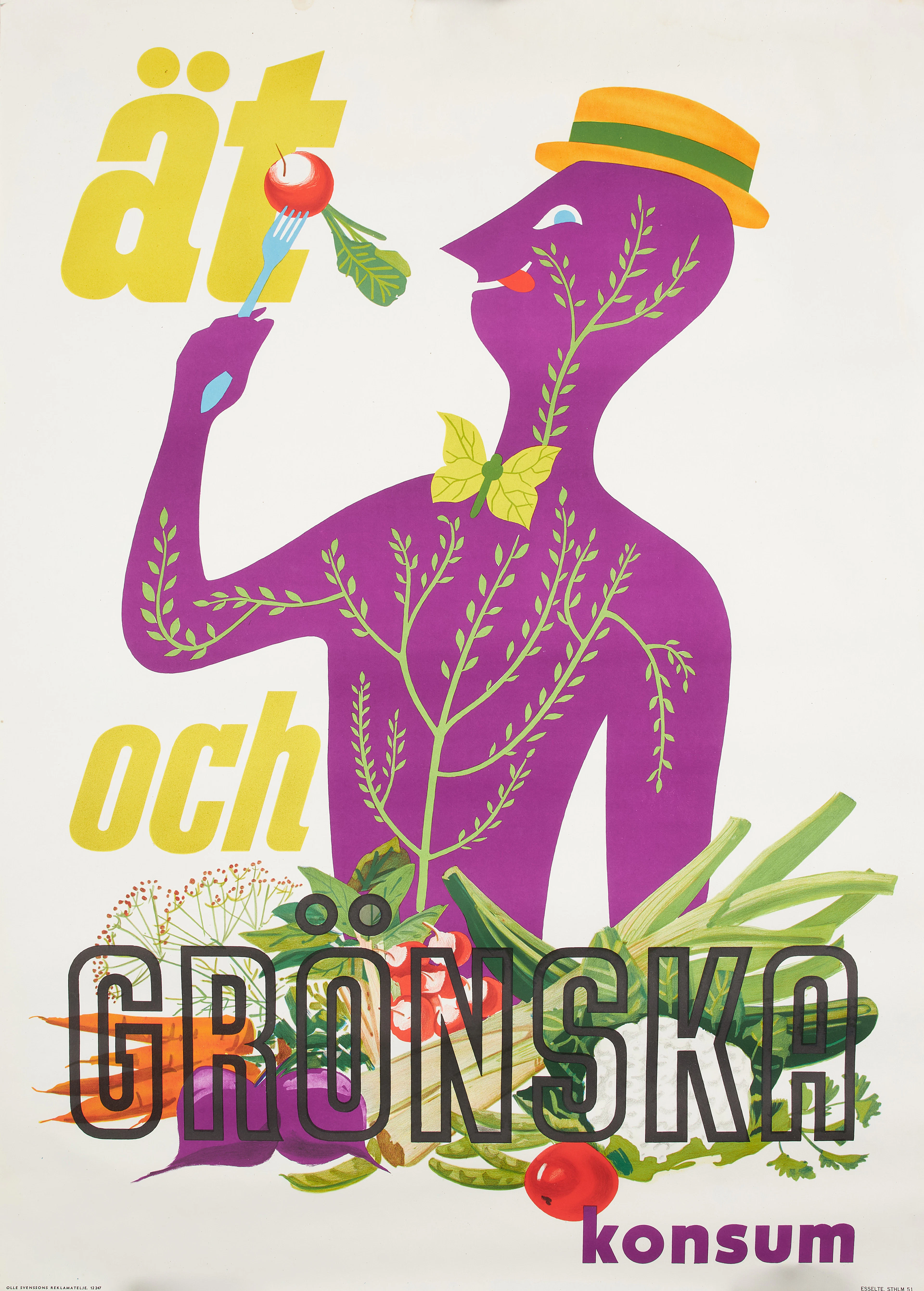 AFFISCH. Konsum, "ät och grönska", Olle Svenssons reklamateljé, 1960 tal.