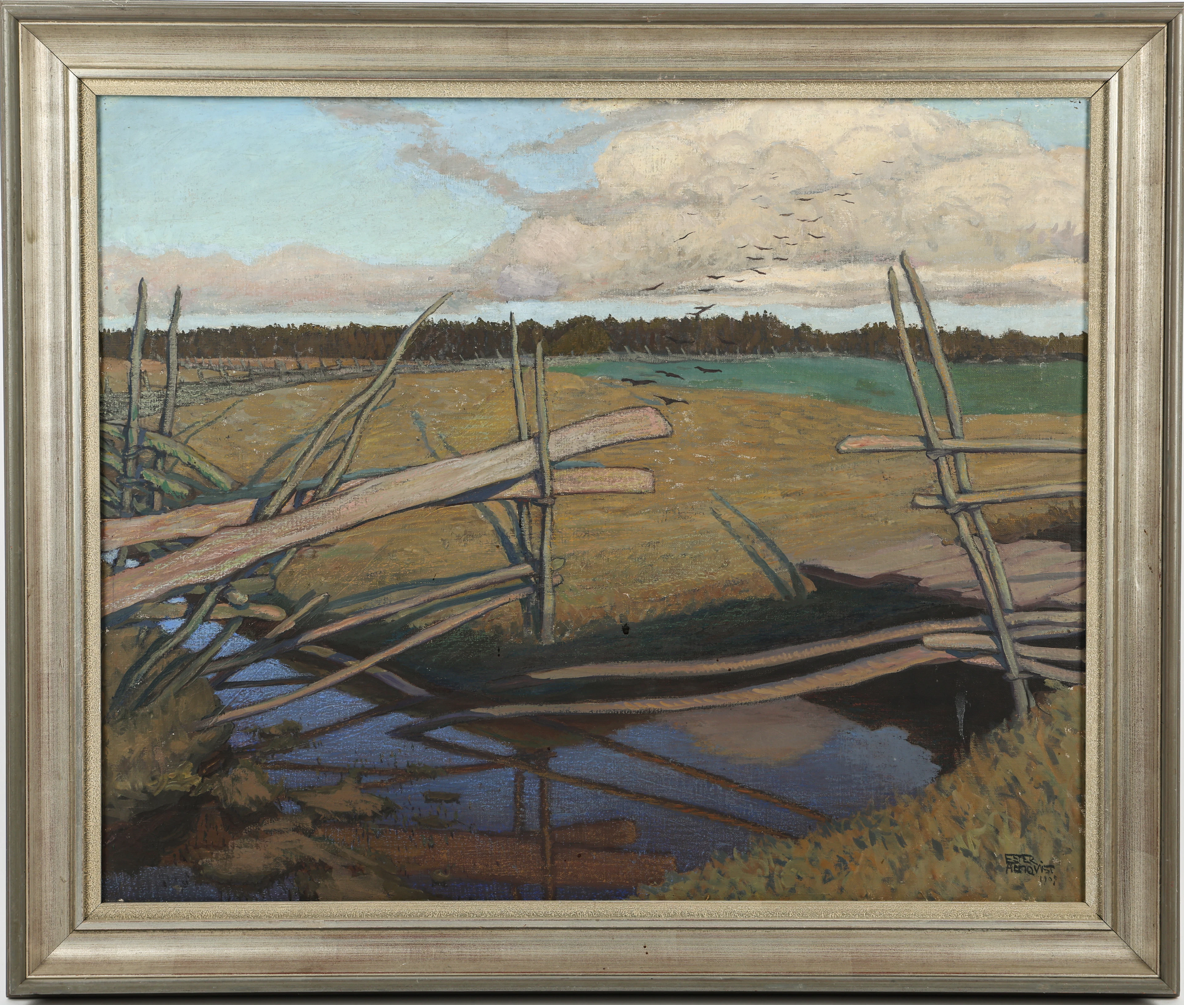 ESTER ALMQVIST. Gärdsgård vid å, olja på duk, signerad 1909.