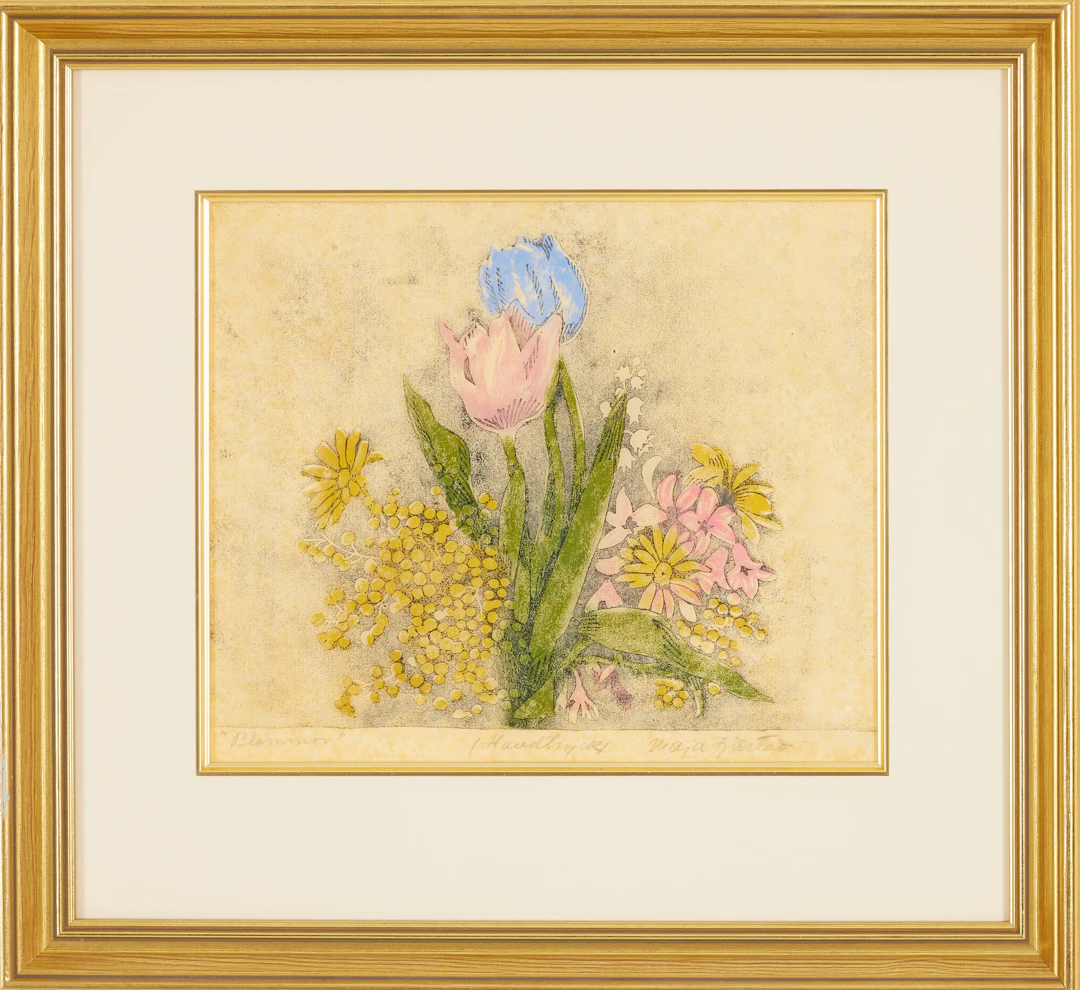 MAJA FJAESTAD. "Blommor", träsnitt, handtryckt, signerad.