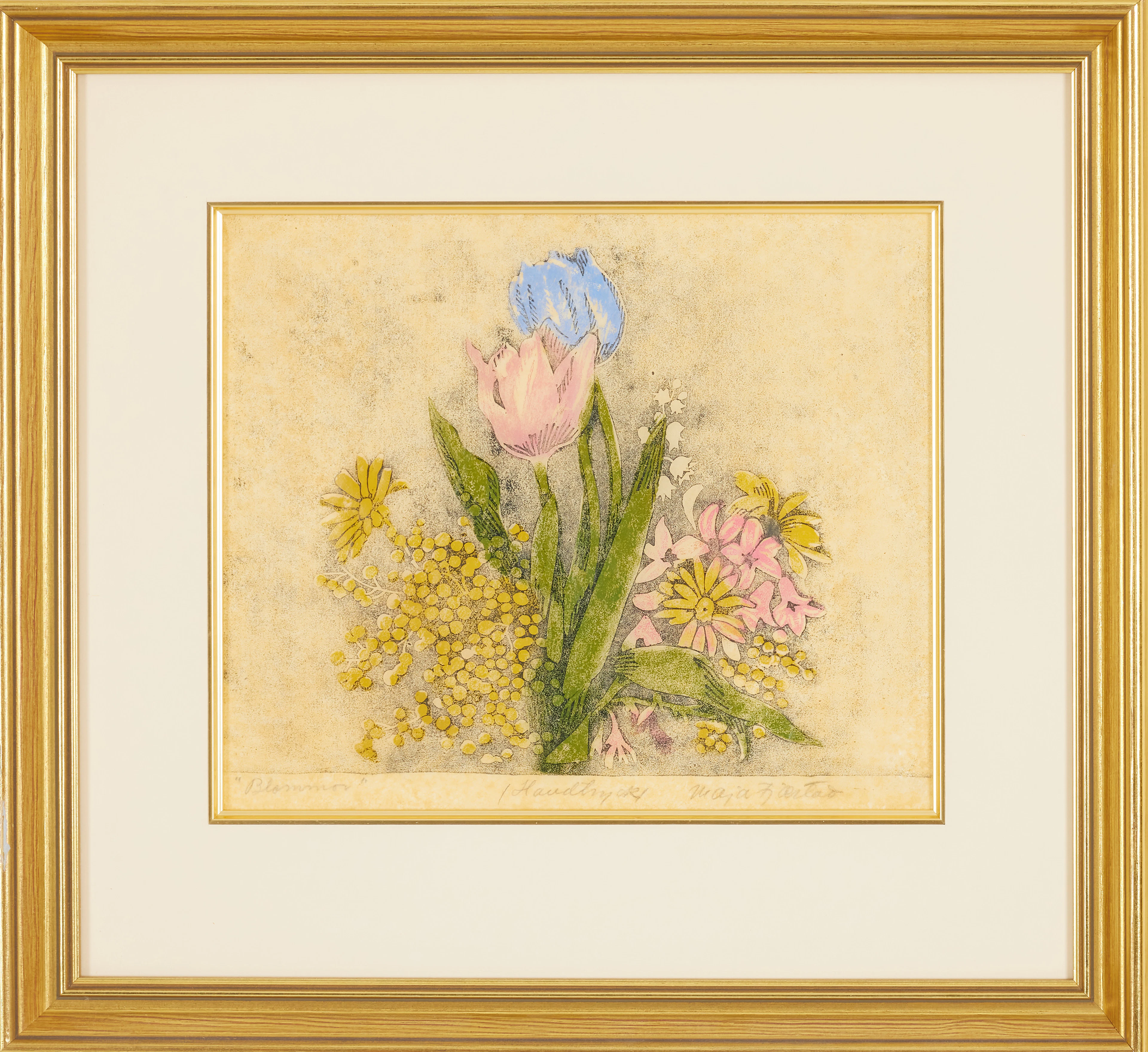 MAJA FJAESTAD. "Blommor", träsnitt, handtryckt, signerad.