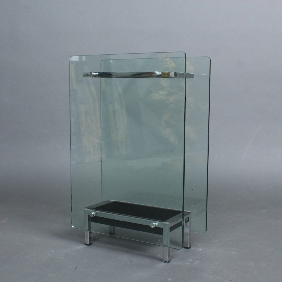 Mid-Century Schirmständer, Glas, verchromtes Metall, Italien.