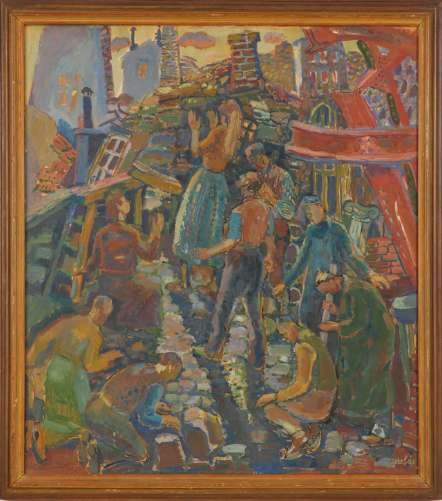 HERBERT WALÅS. Figurkomposition förödelse, olja på papper, signerad