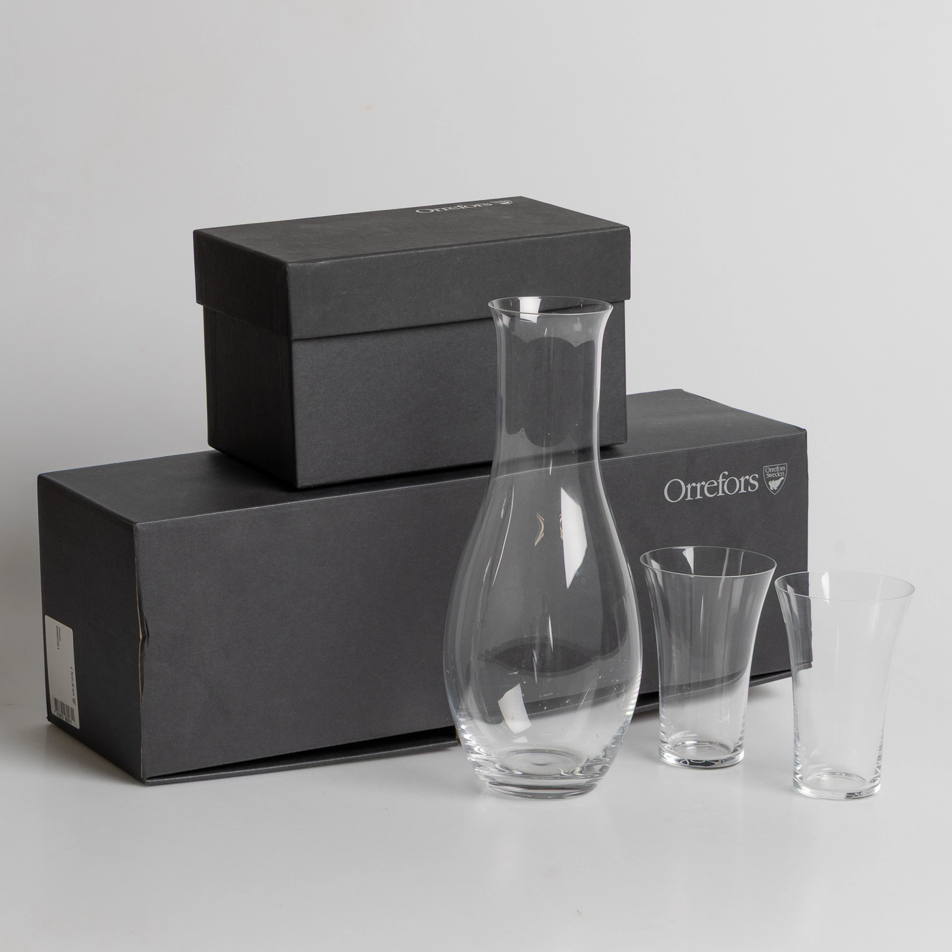 INGEGERD RÅMAN. Karaff med glas, 3 delar, Orrefors, tillverkade i
