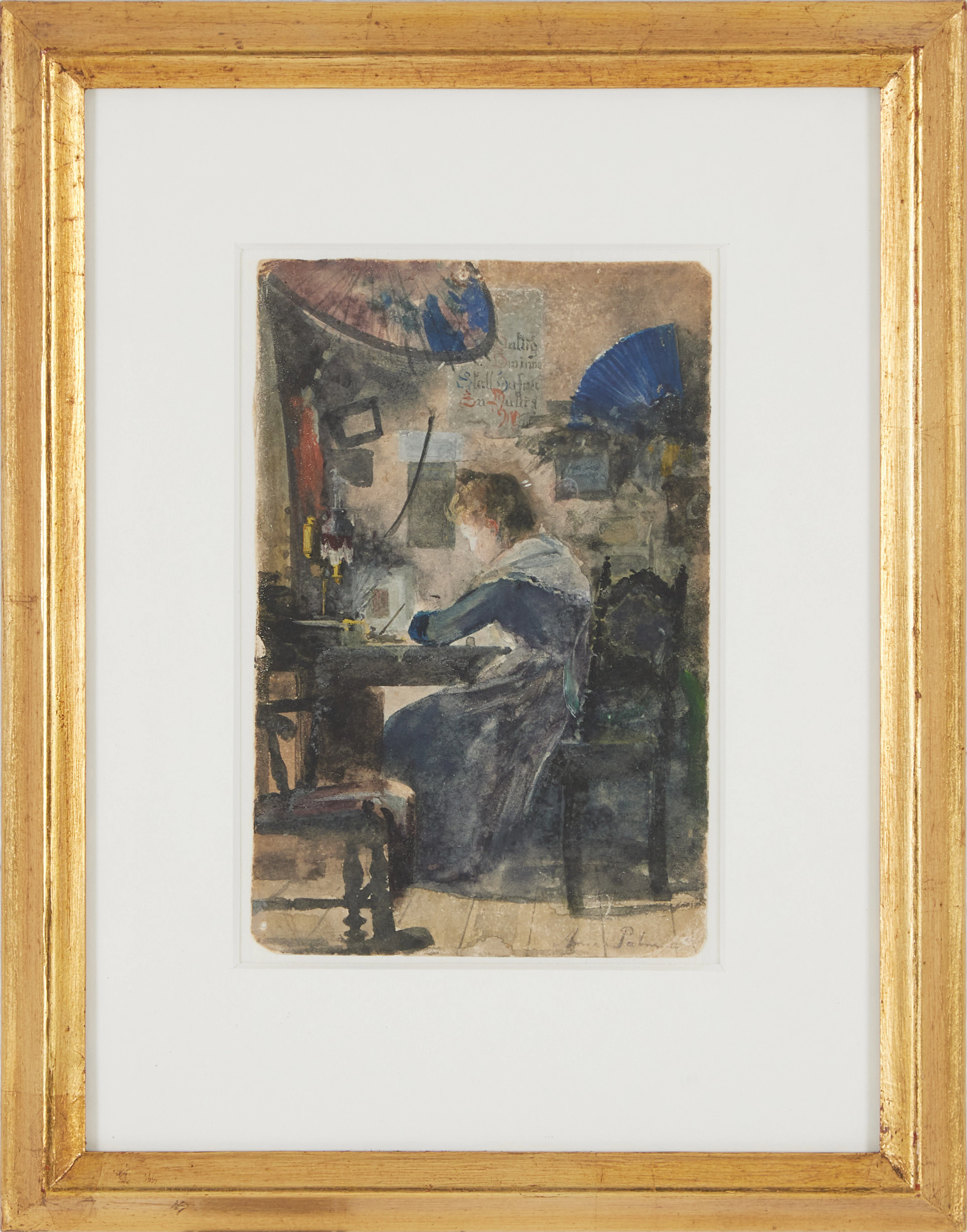ANNA PALM DE ROSA. Kvinna vid skrivbord, akvarell med täckvitt på