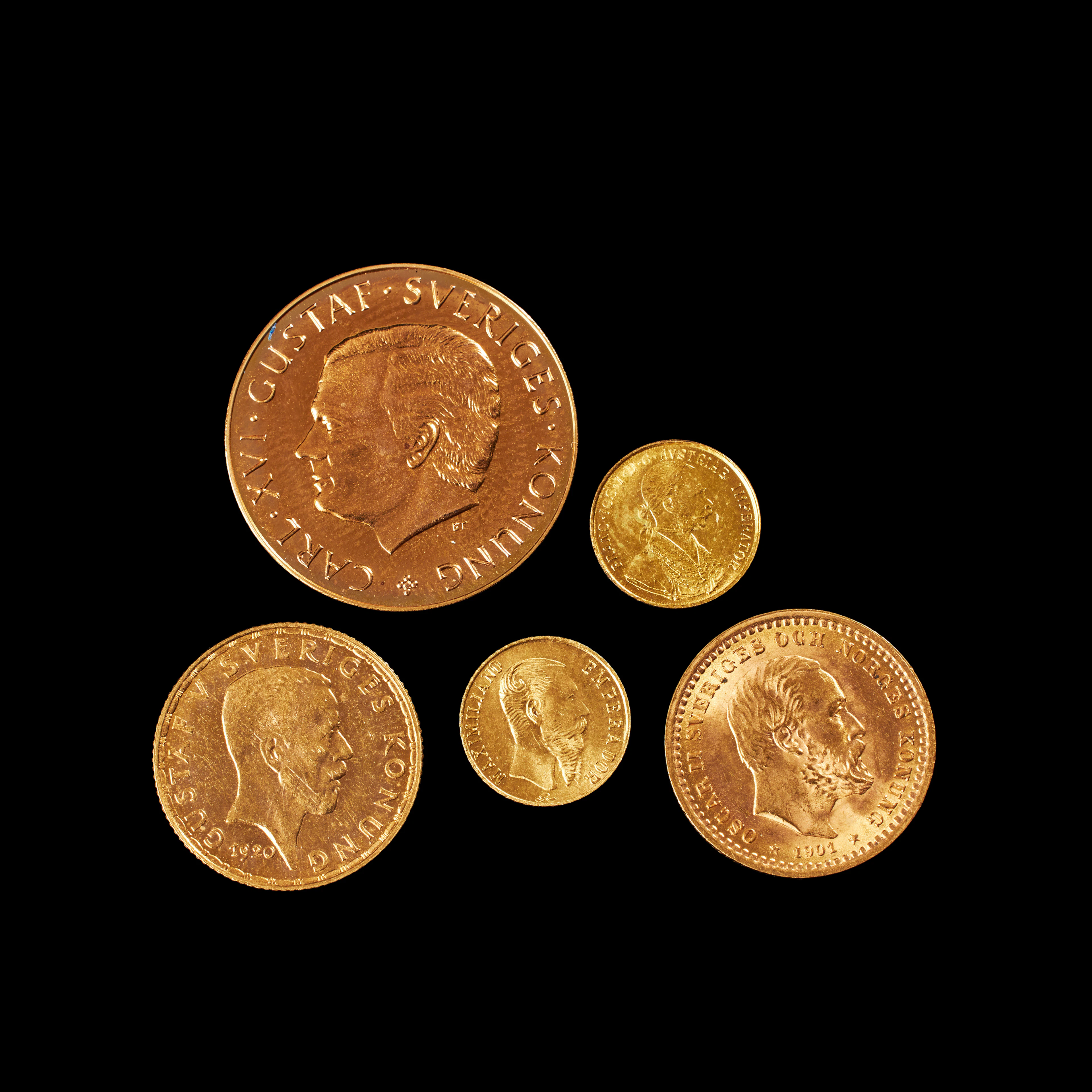 GULDMYNT, 5 st, Oscar II 5 kr 1901, Gustav V 5 kr 1920, minnesmynt