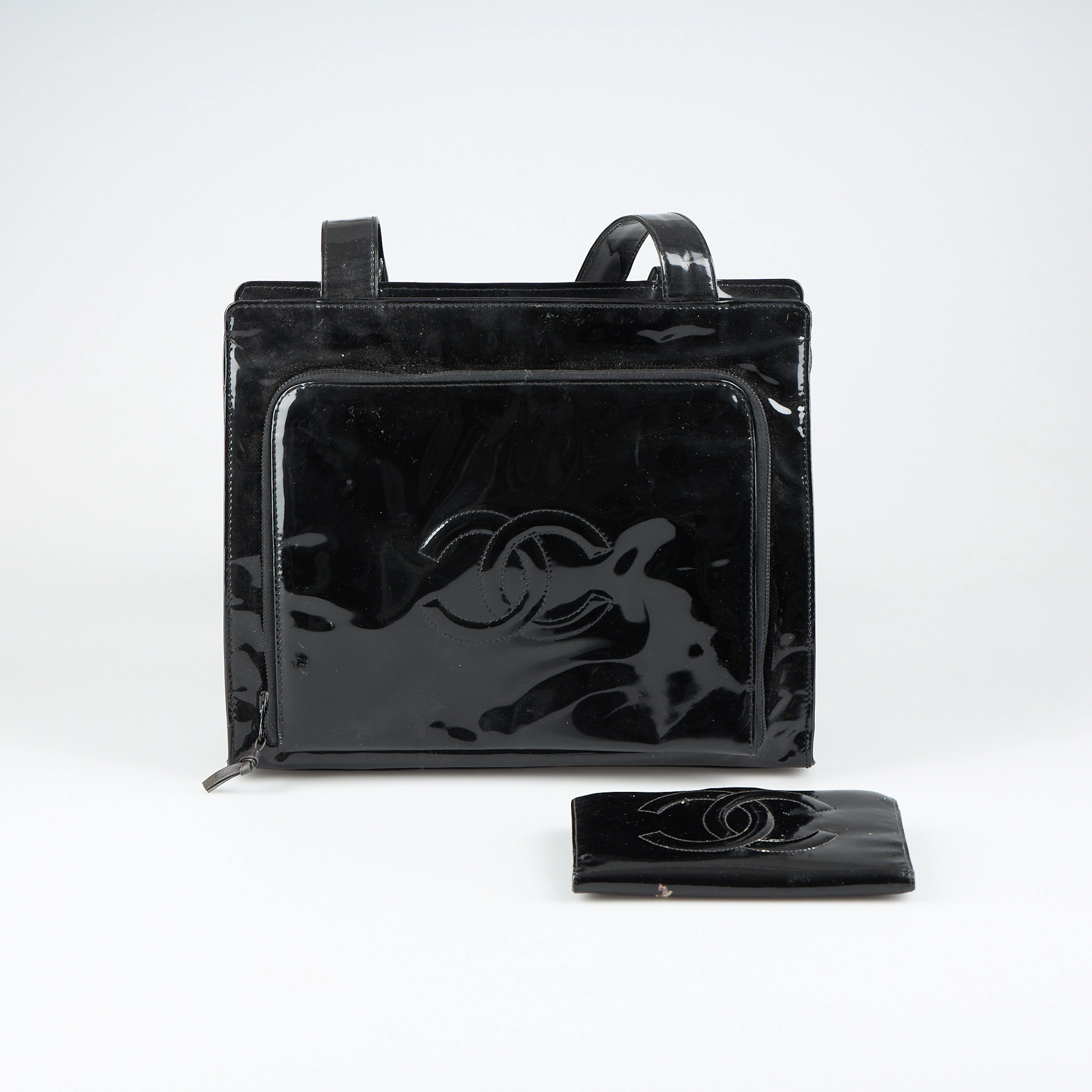 CHANEL, handbag, Square Tote, patent leather, and wallet, 1996-1997.