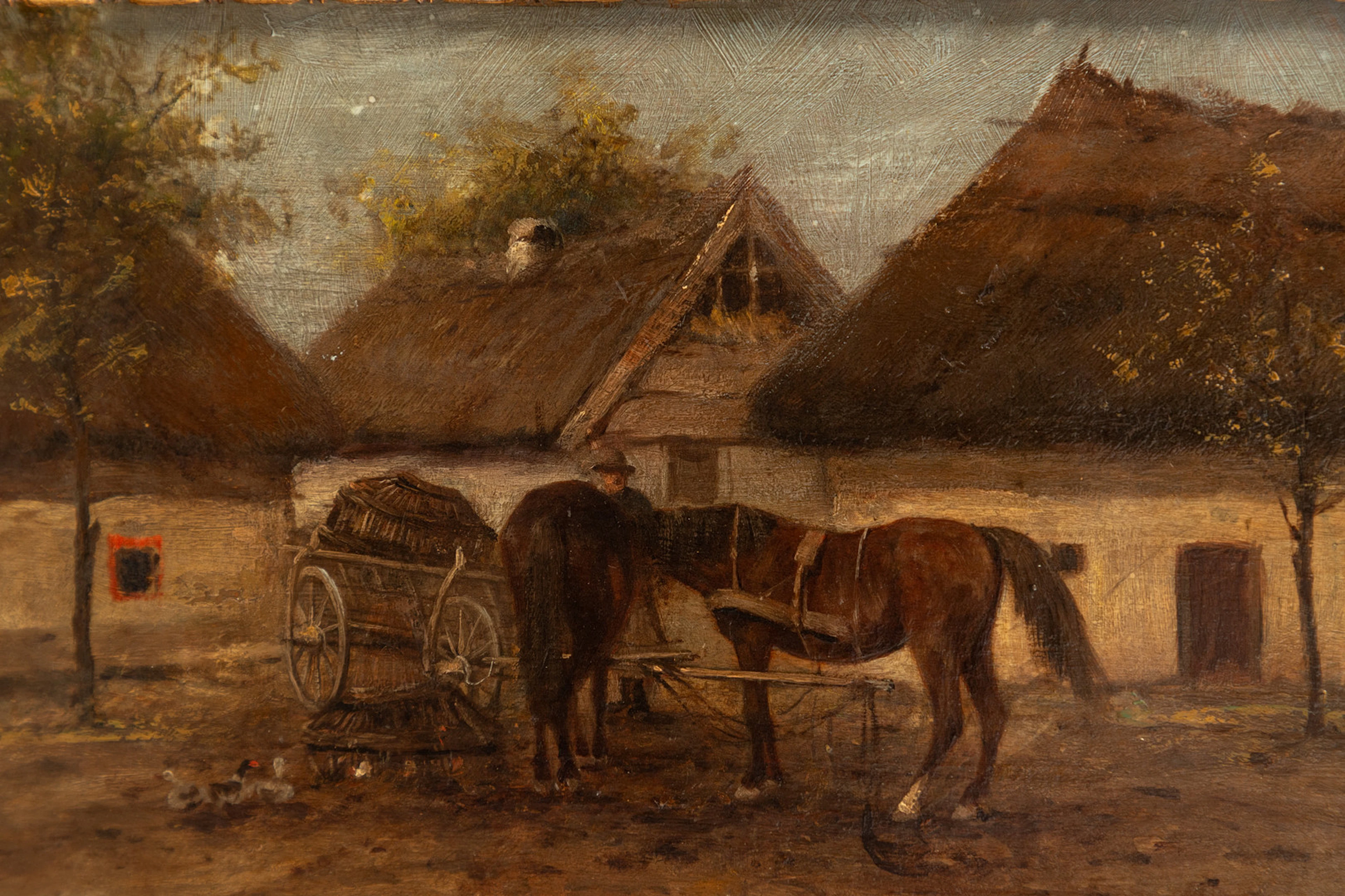 BELA NEMETH (1856-?). Pferde am Heuwagen.