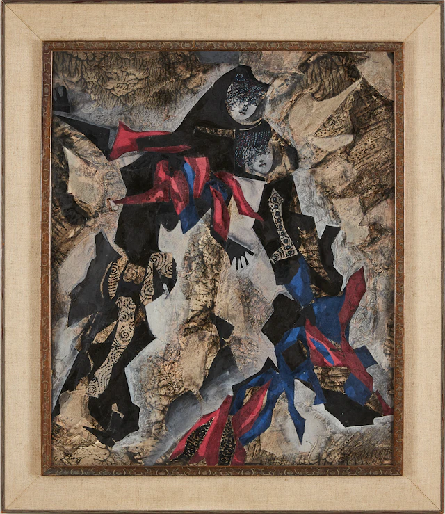 GÖSTA ÅBERG (1905-1981) "Danserskor" collage med textil ,och papper