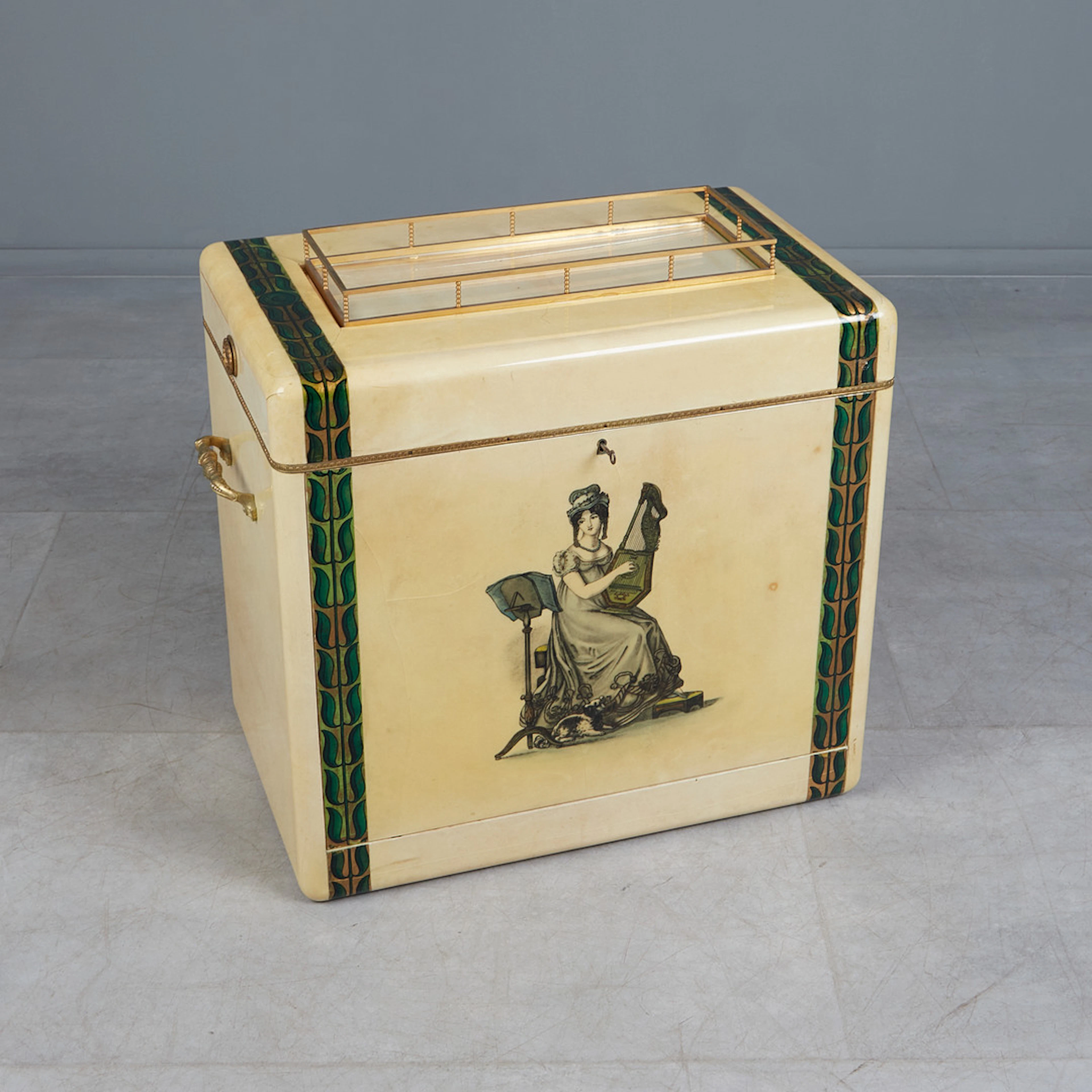 ALDO TURA. Portale Bar, Messing, Holz, Ziegenleder, Glas, Italien.
