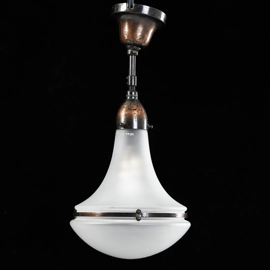 PETER BEHRENS, taklampa, "Luzette", AEG, kupa i matterat glas, patinerad