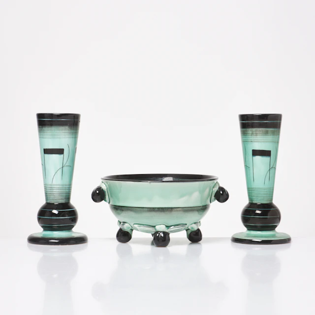 ILSE CLAESSON. Skål och vaser, 3 dlr., Art deco / Swedish Grace, turkos