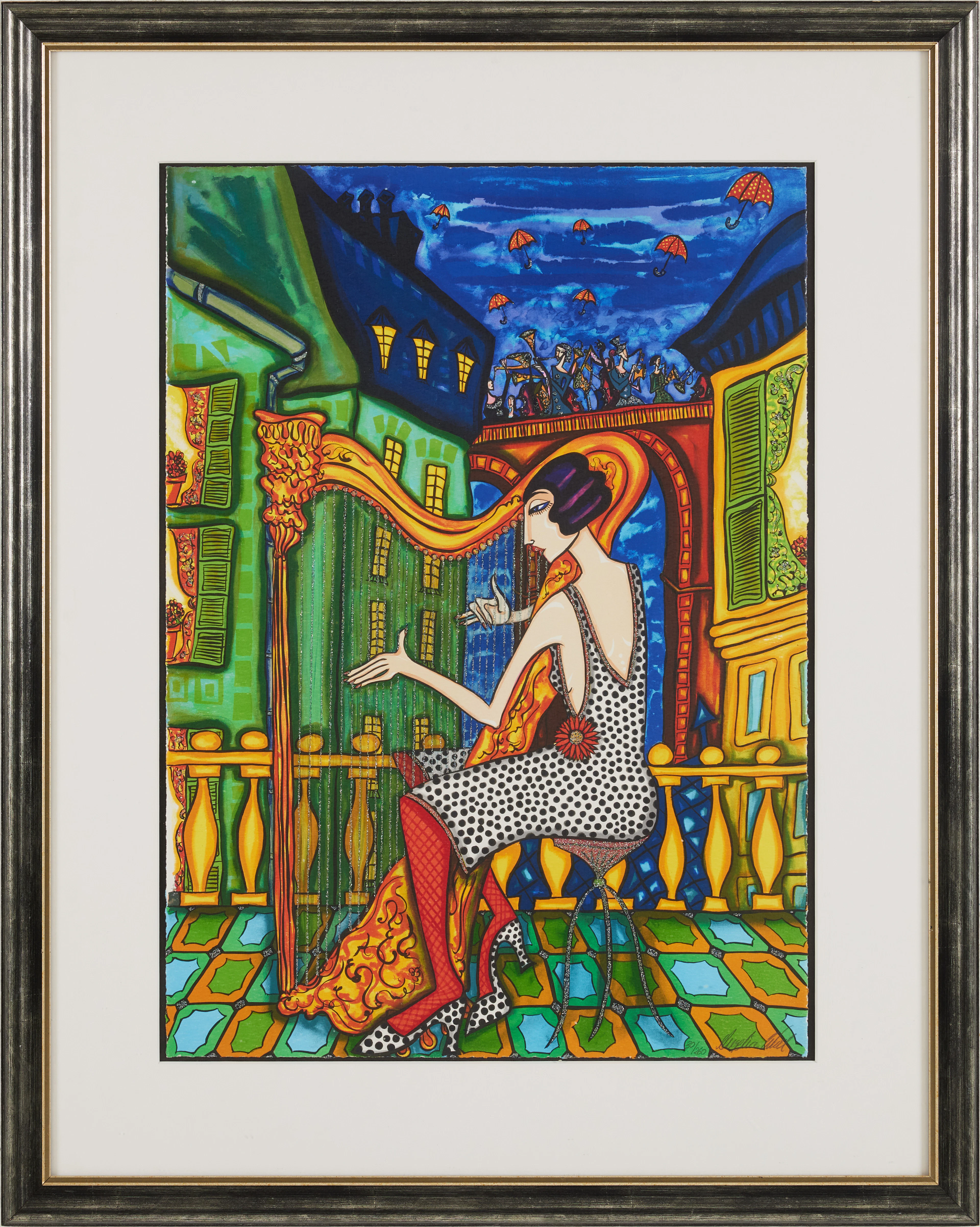 ANGELICA WIIK. Kvinna med harpa, färgseriegrafi med glitter.