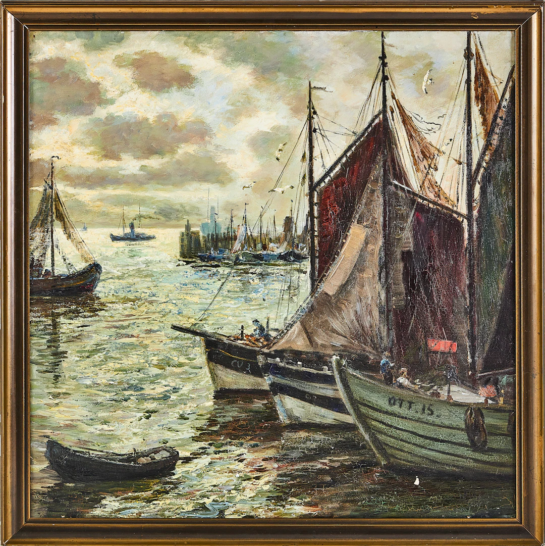 WILHELM MOSBLECH (Tyskland 1868-1934) Segelbåtar i aftonljus, oljemålning
