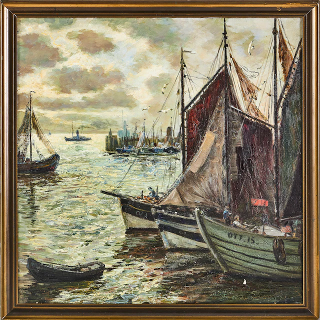 WILHELM MOSBLECH (Tyskland 1868-1934) Segelbåtar i aftonljus, oljemålning