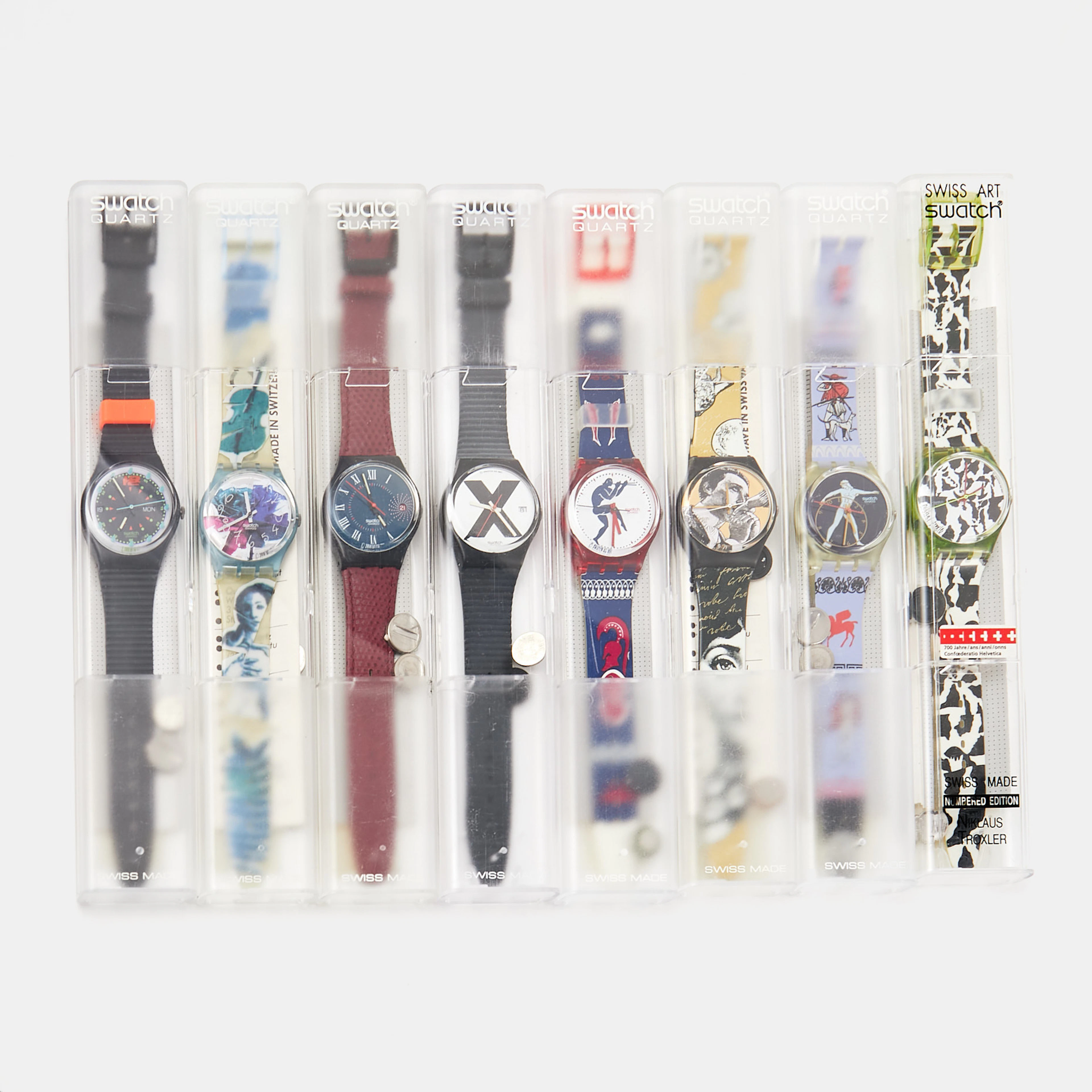 SWATCH, 8 styck, samling armbandsur, 1980/1990-tal, i originalförpackningar.
