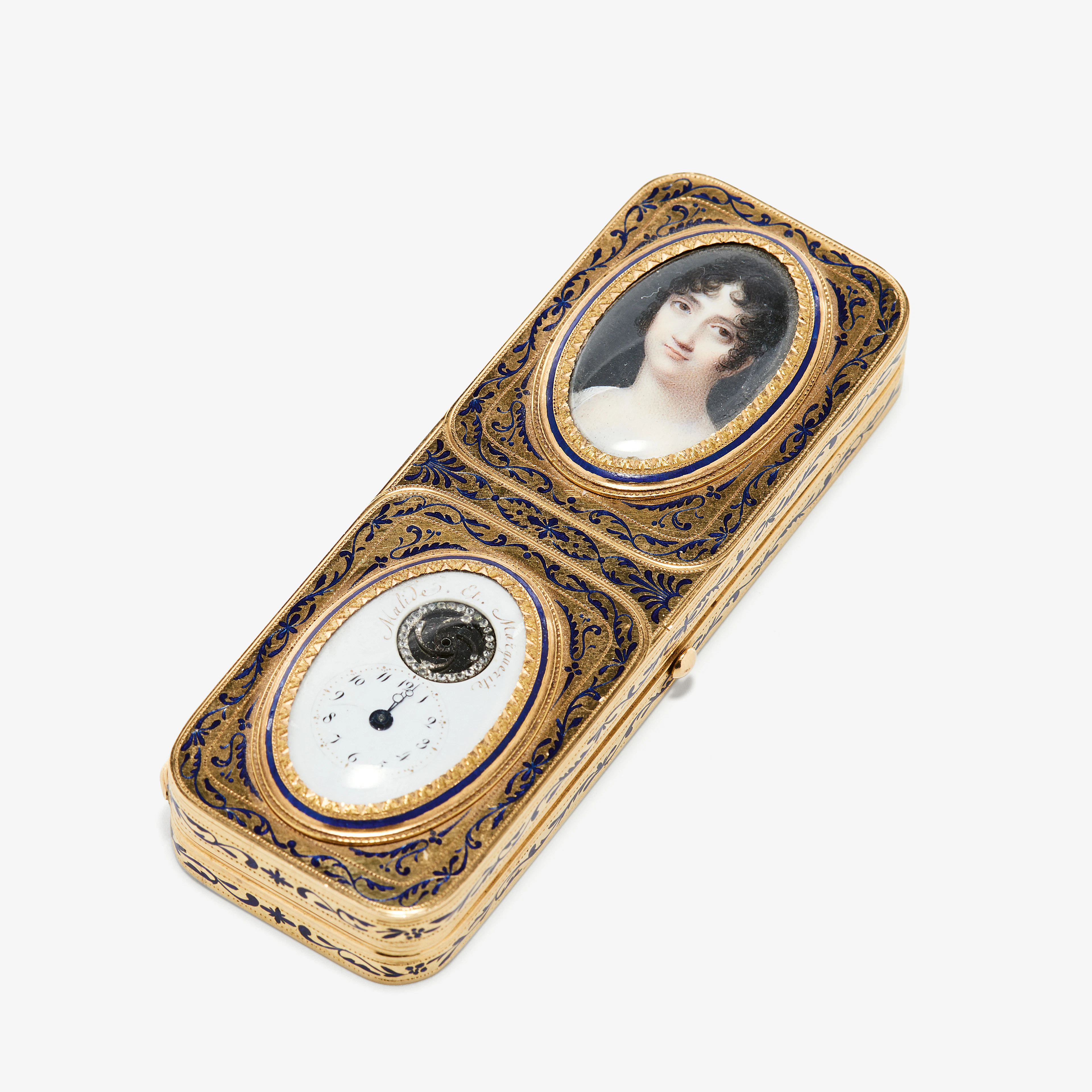 DOSA med INFÄLLD MINIATYR och URVERK, 18K guld med blå emalj, av Jacques-Alexand