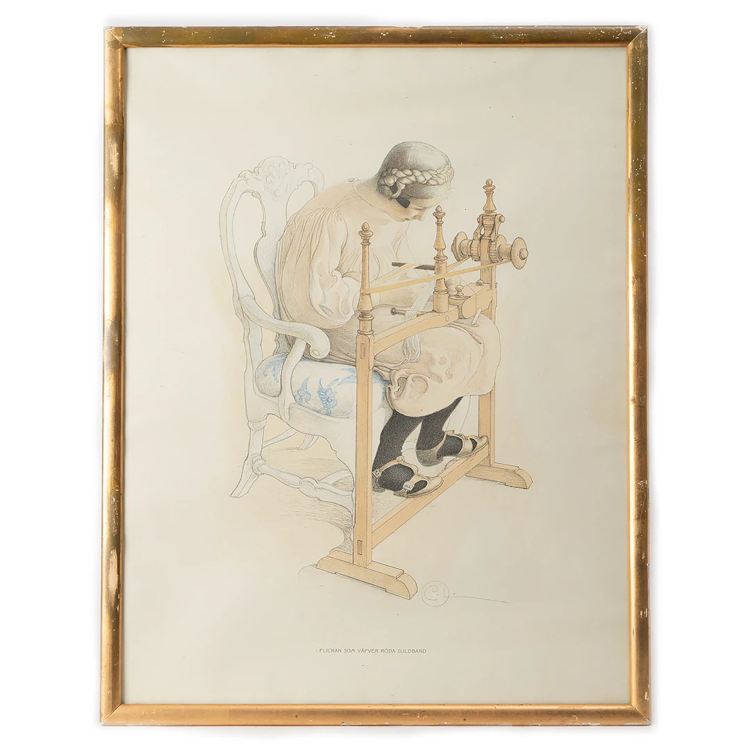 CARL LARSSON. Efter. Färglitografi, "Flickan som väfver röda guldband"