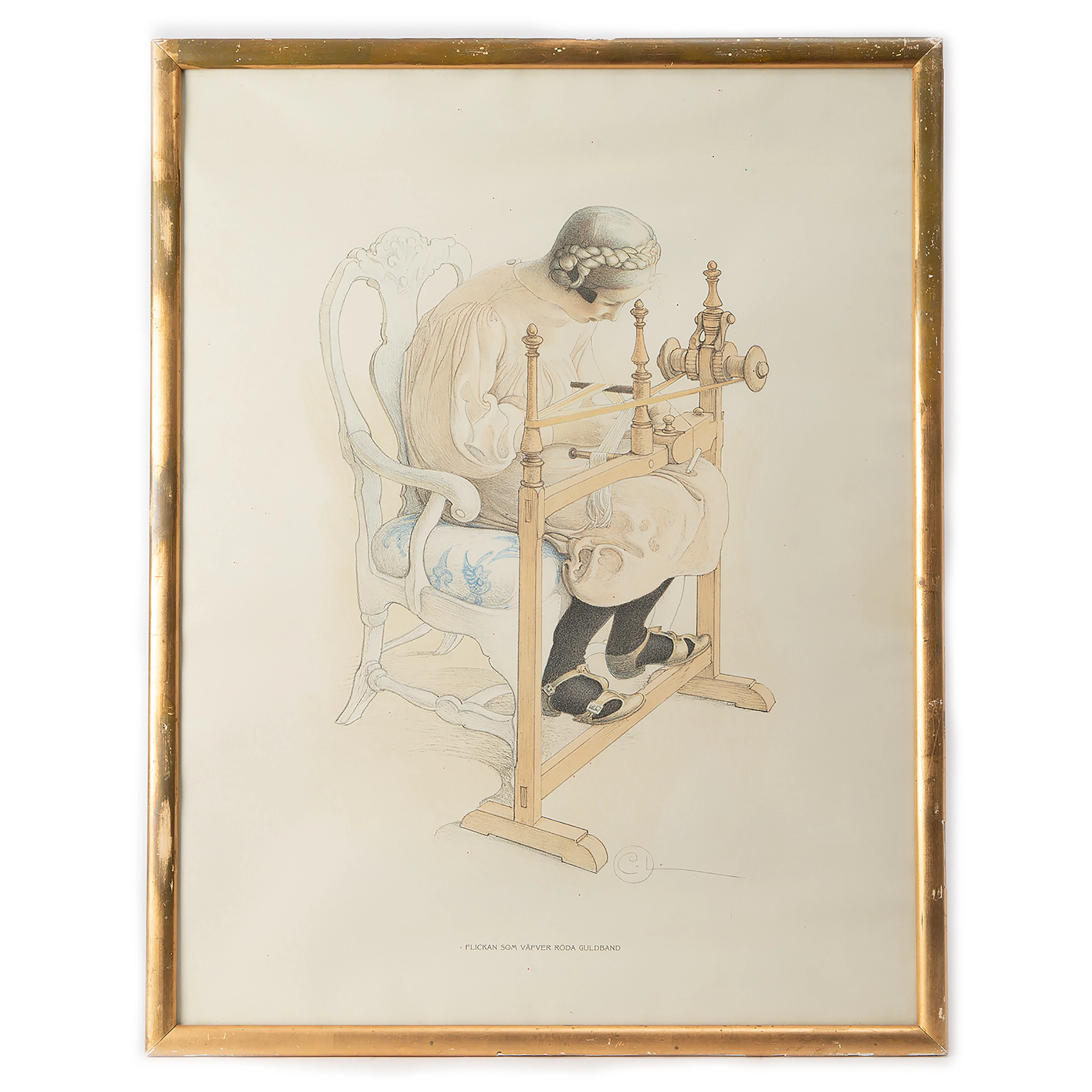 CARL LARSSON. Efter. Färglitografi, "Flickan som väfver röda guldband"