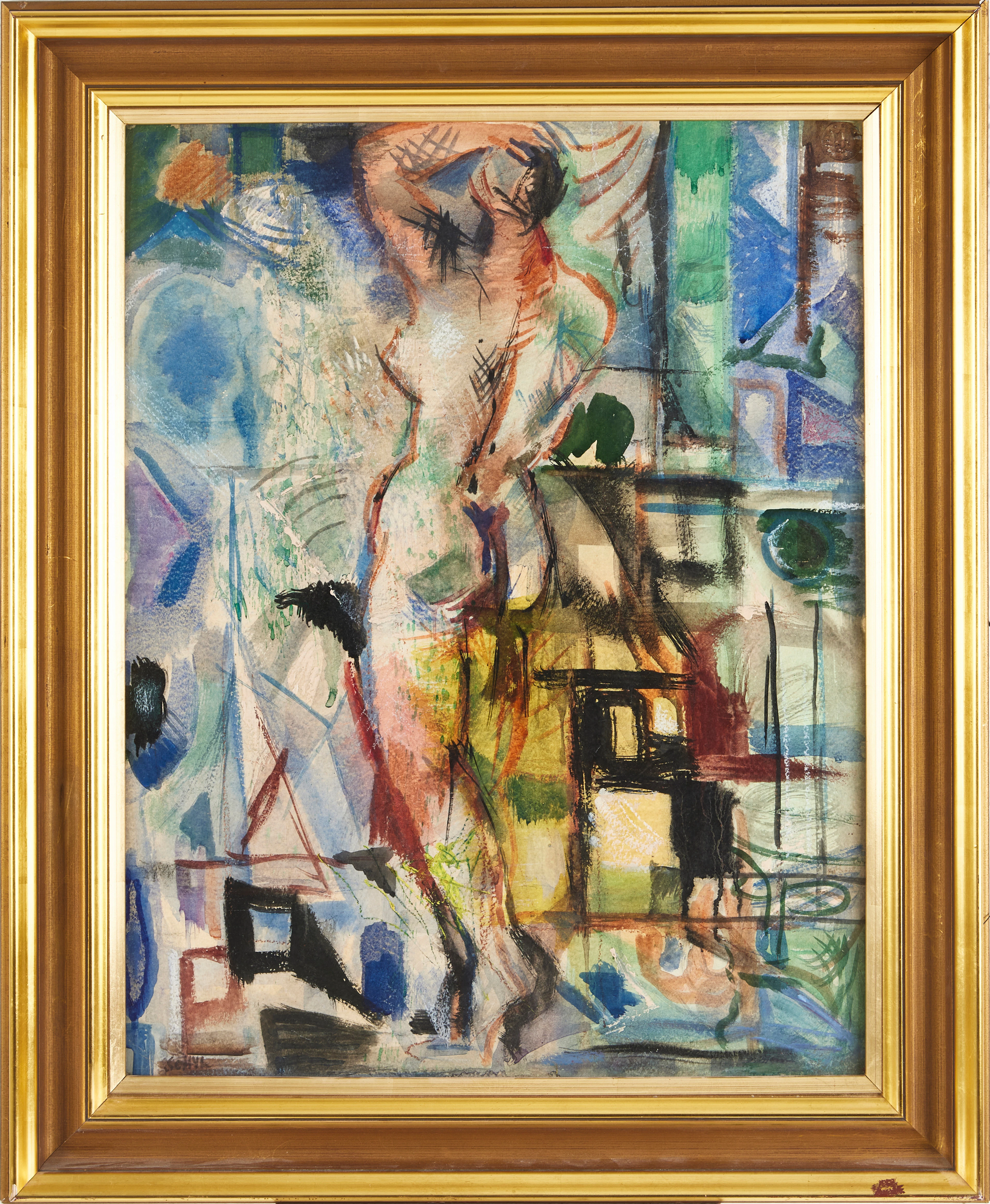 JULES SCHYL. Abstrakt modellstudie, gouache på pannå, signerad.