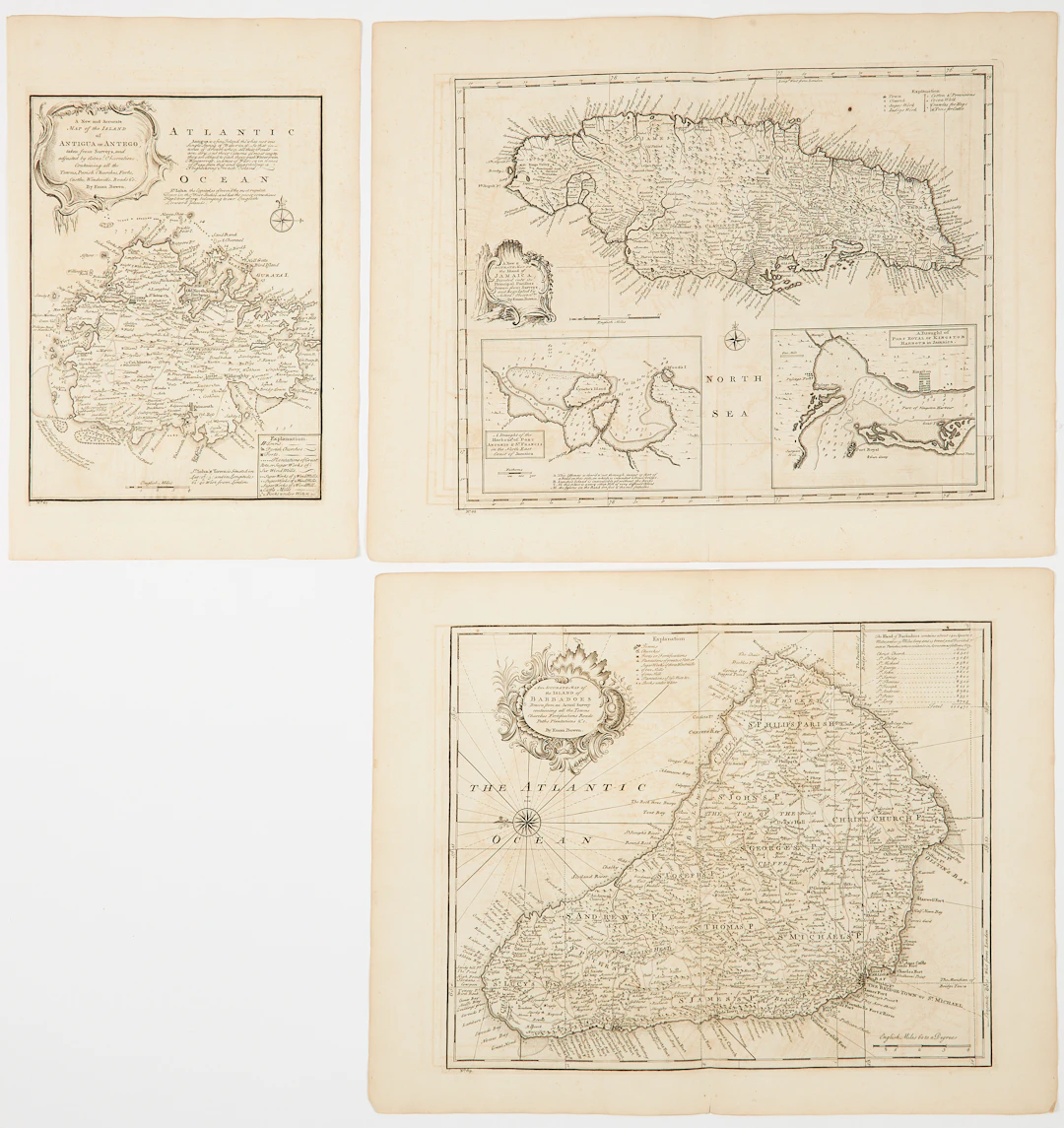 TRE KARTOR ÖVER VÄSTINDIEN AV BOWEN, ca 1750.