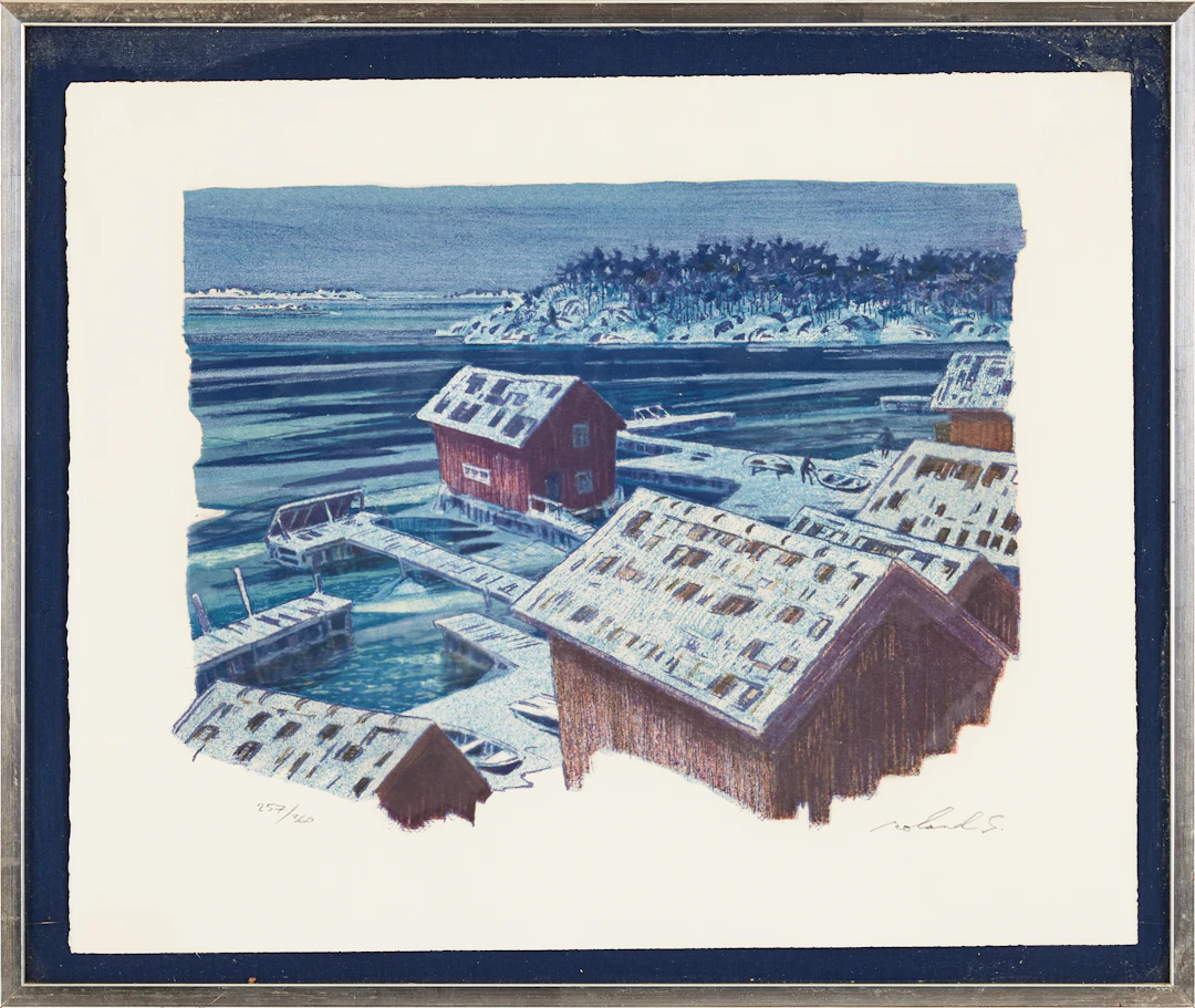 ROLAND SVENSSON. "Vinterskymning, Sandhamn", 1977, signerad roland