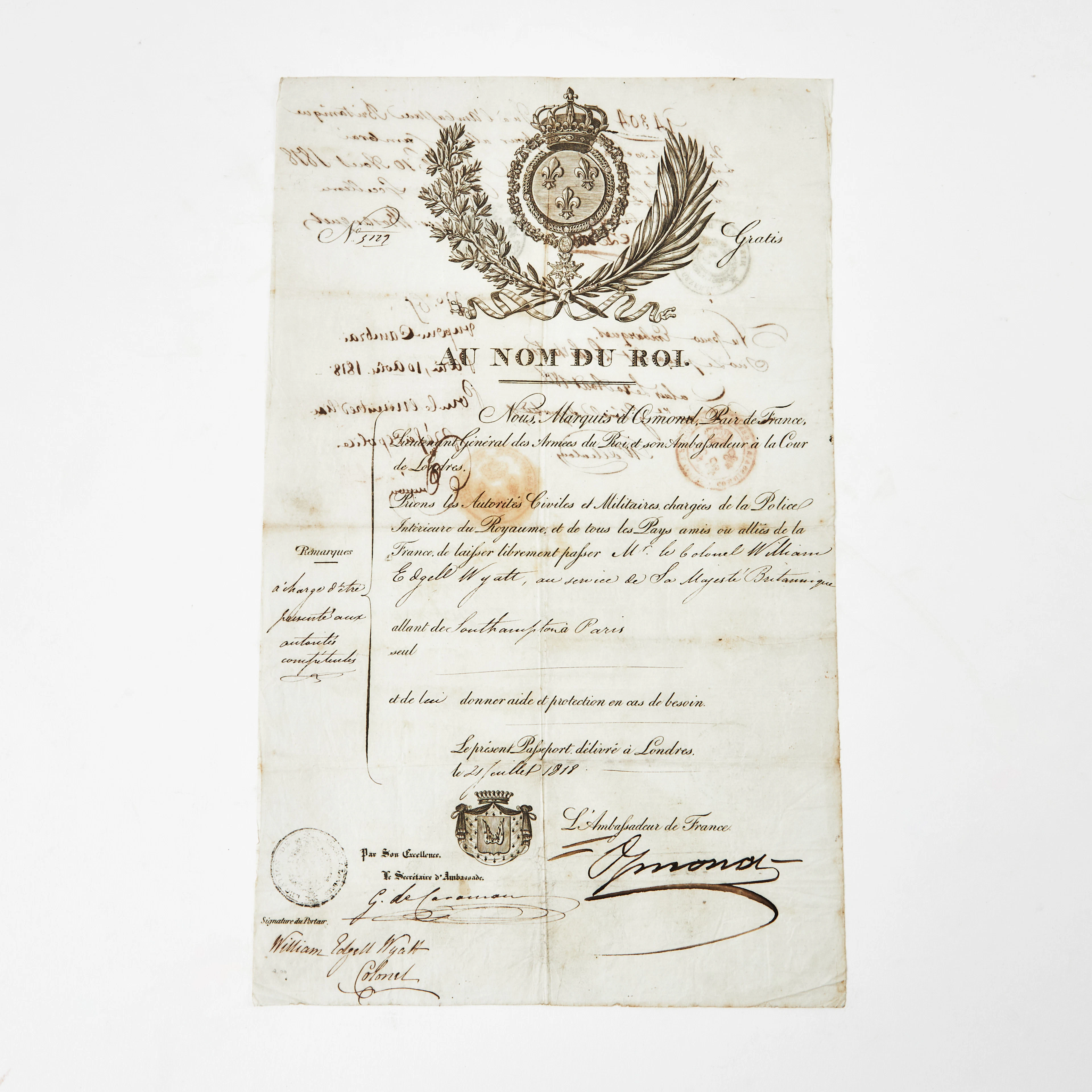 PASS FÖR ÖVERSTE WYATT, LONDON 1818.