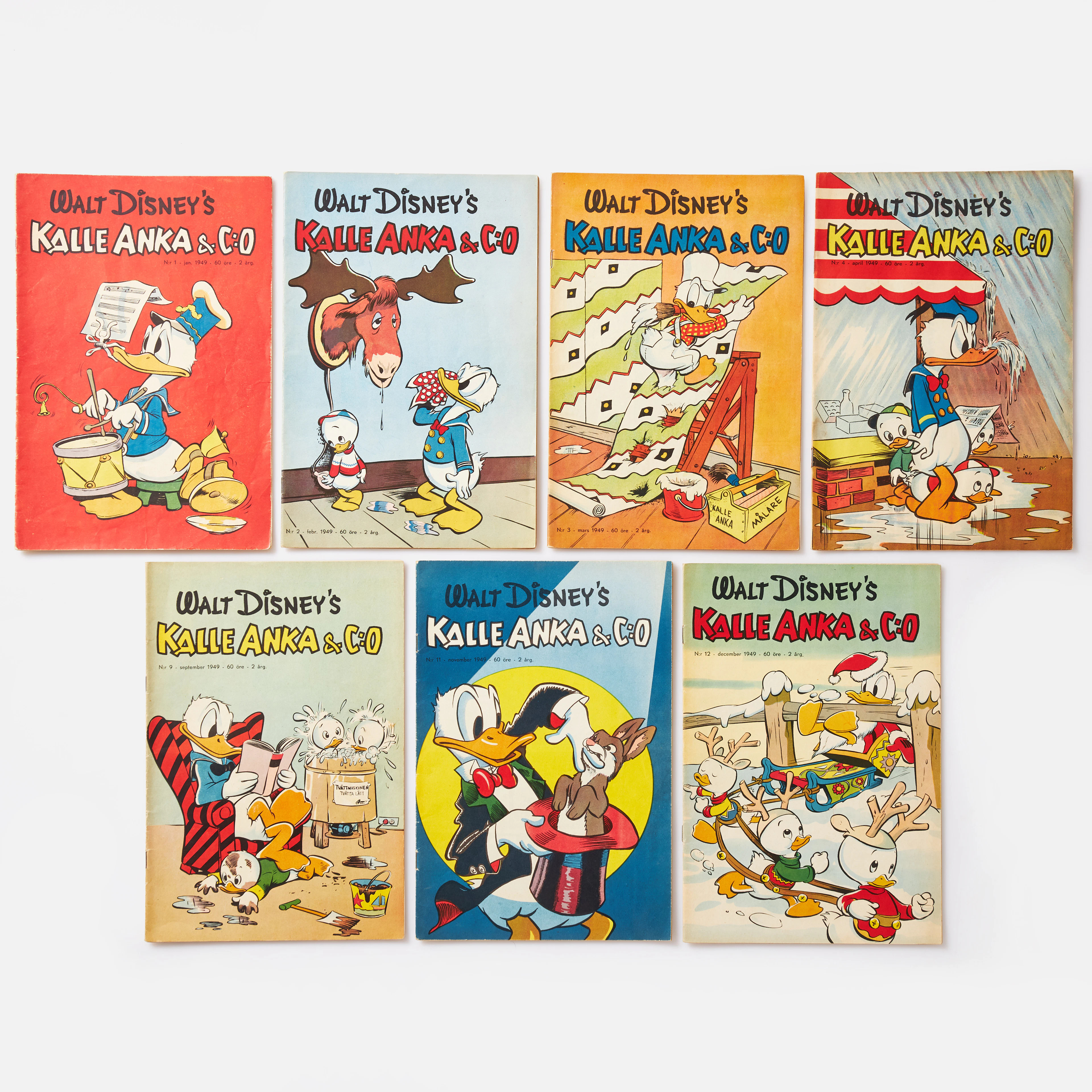 KALLE ANKA & CO. 7 st, 1949, nr 1-4, nr 9, nr 11-12, VF.