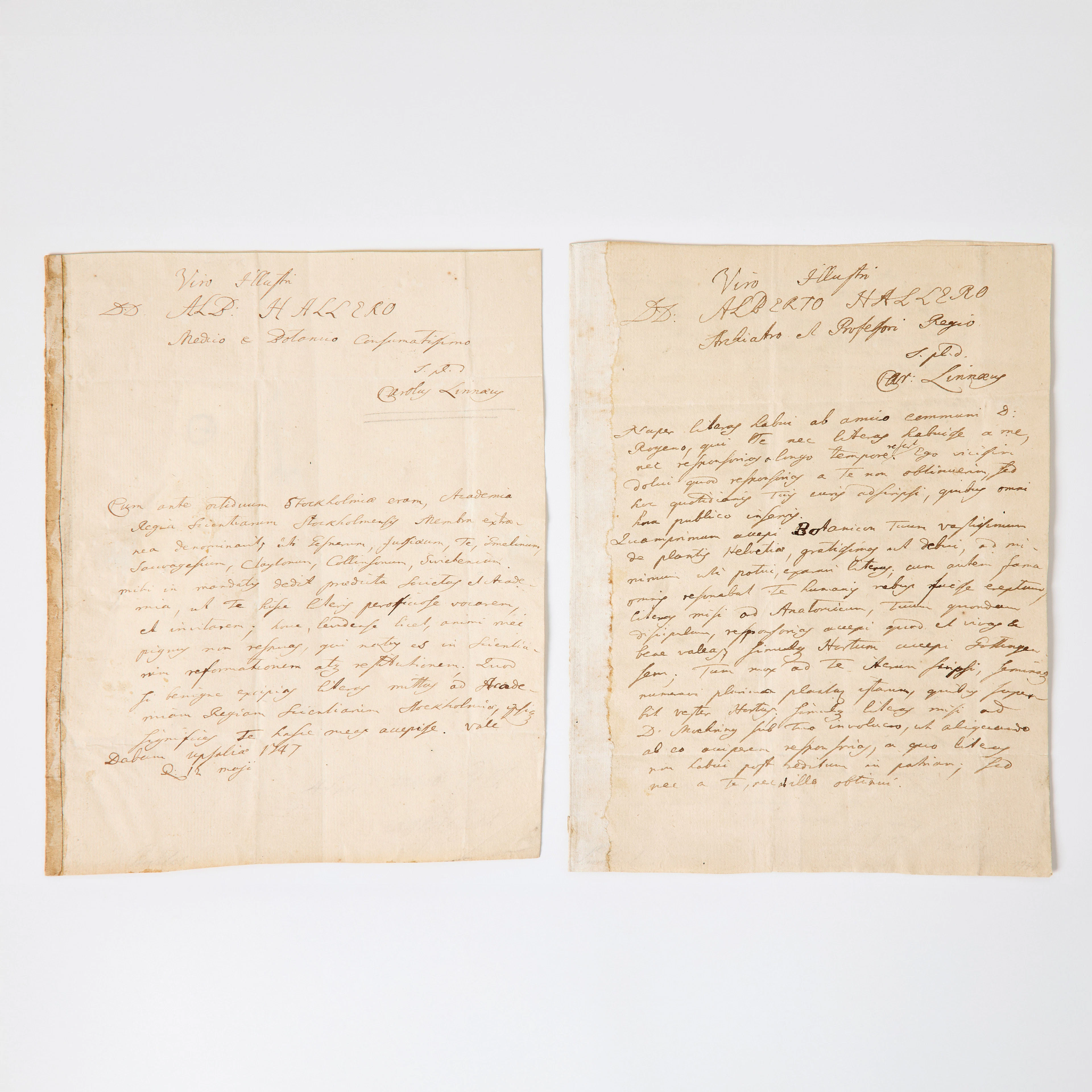 LINNAEUS, 2 LETTERS TO ALBRECHT HALLER, 1744 and 1747.