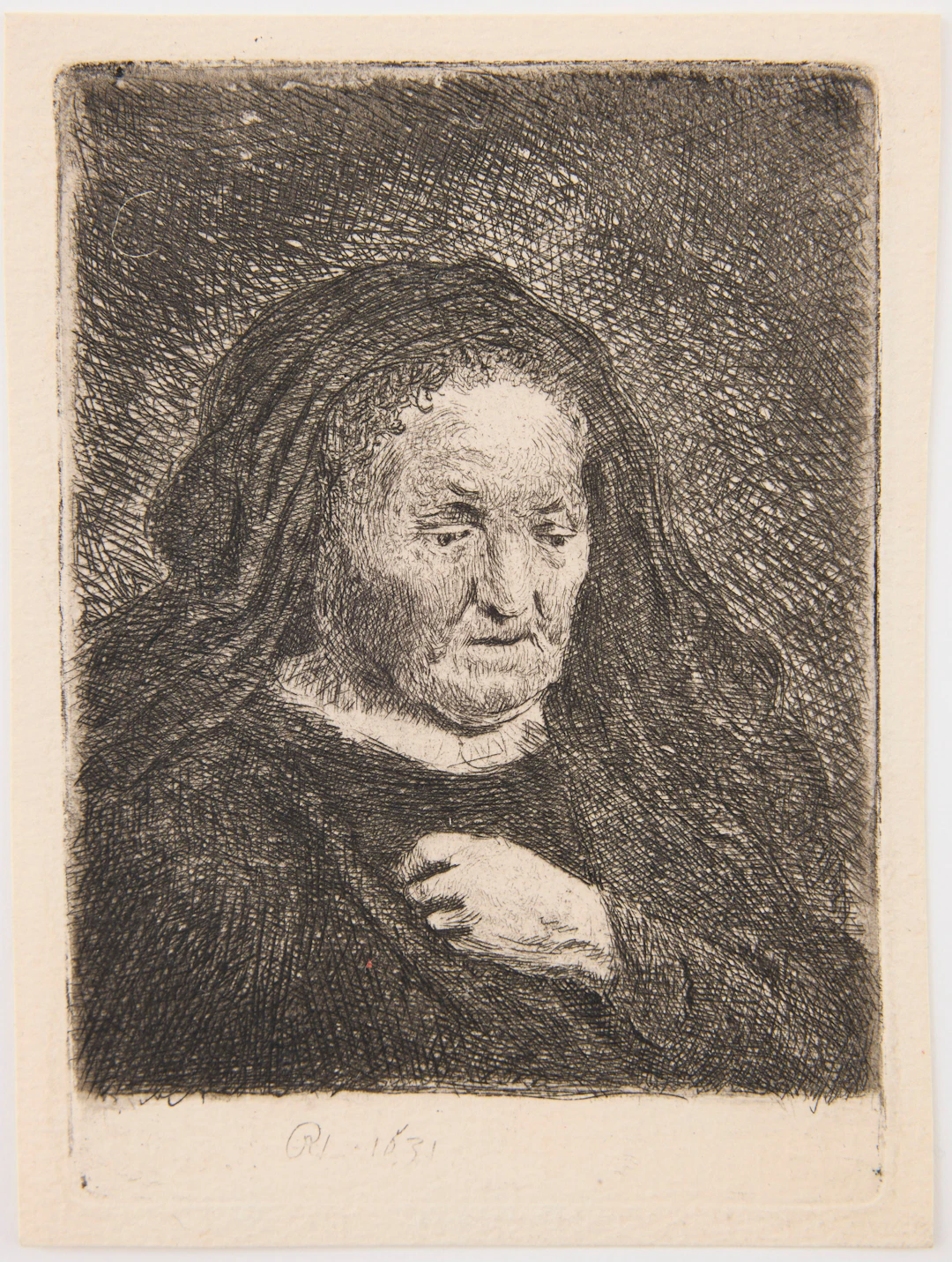 REMBRANDT VAN RIJN. "The Artist's Mother with her Hand on her Chest:
