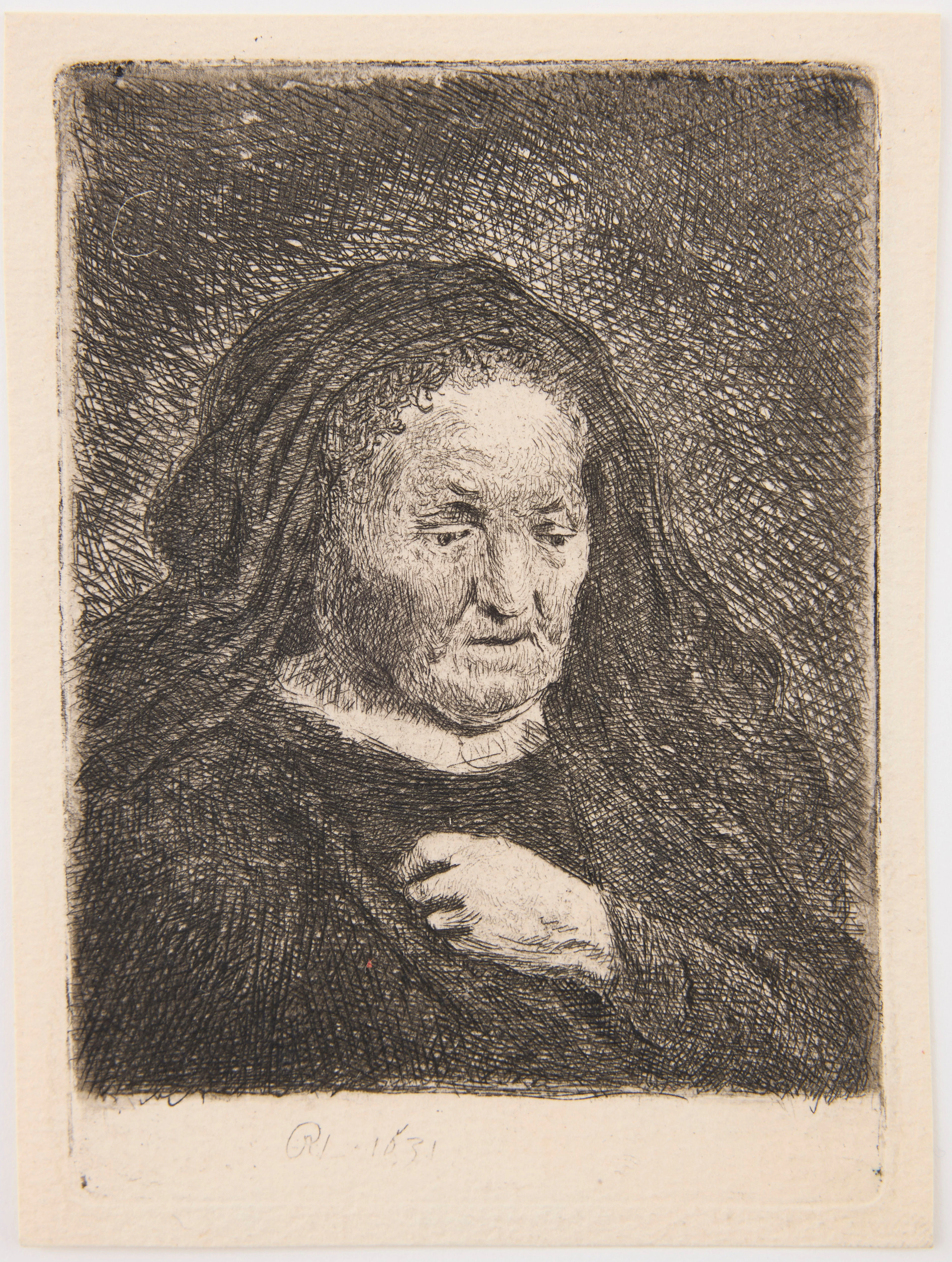 REMBRANDT VAN RIJN. "The Artist's Mother with her Hand on her Chest:
