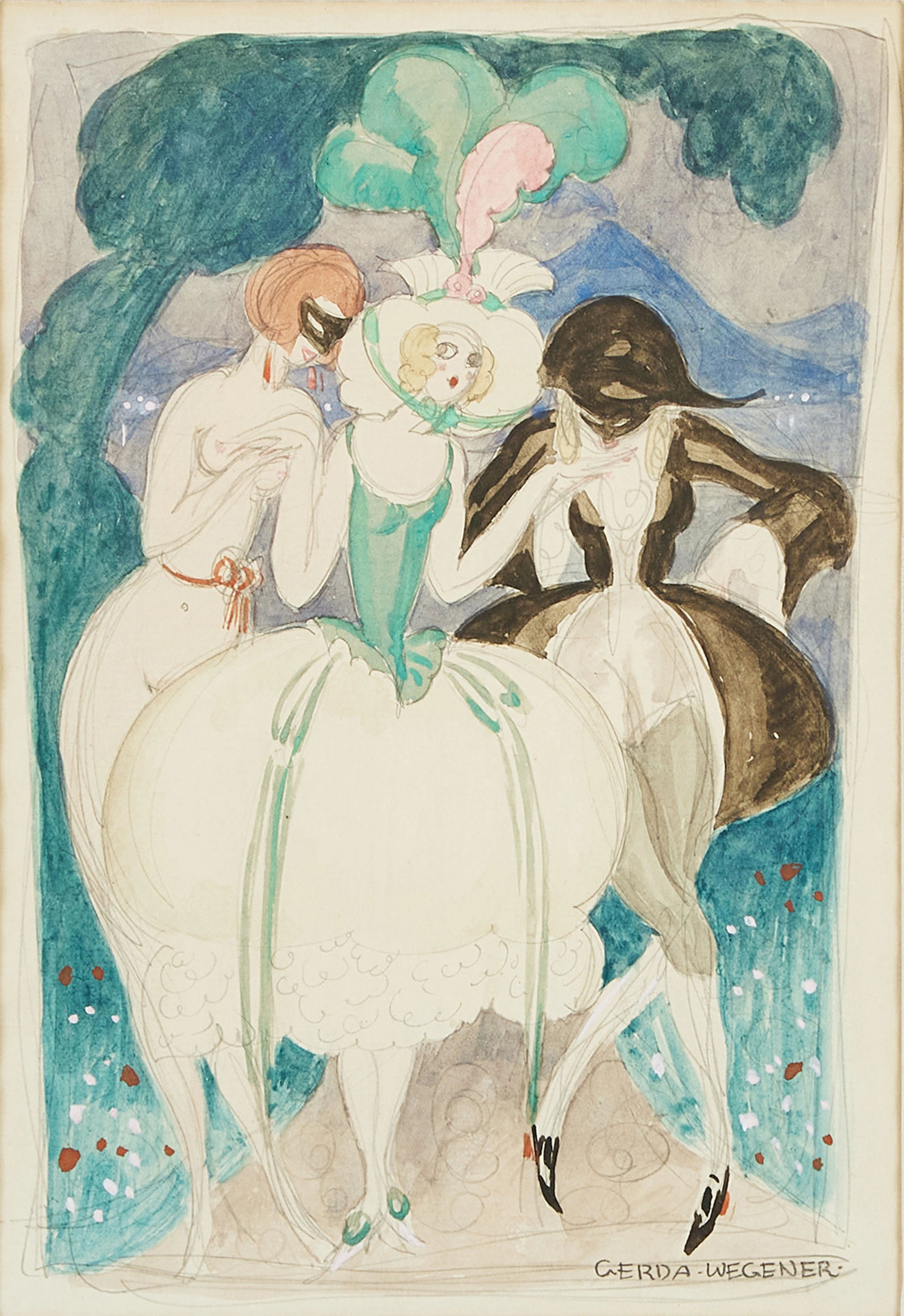GERDA WEGENER. Commedia dell-arte skådespelare, akvarell, signerad