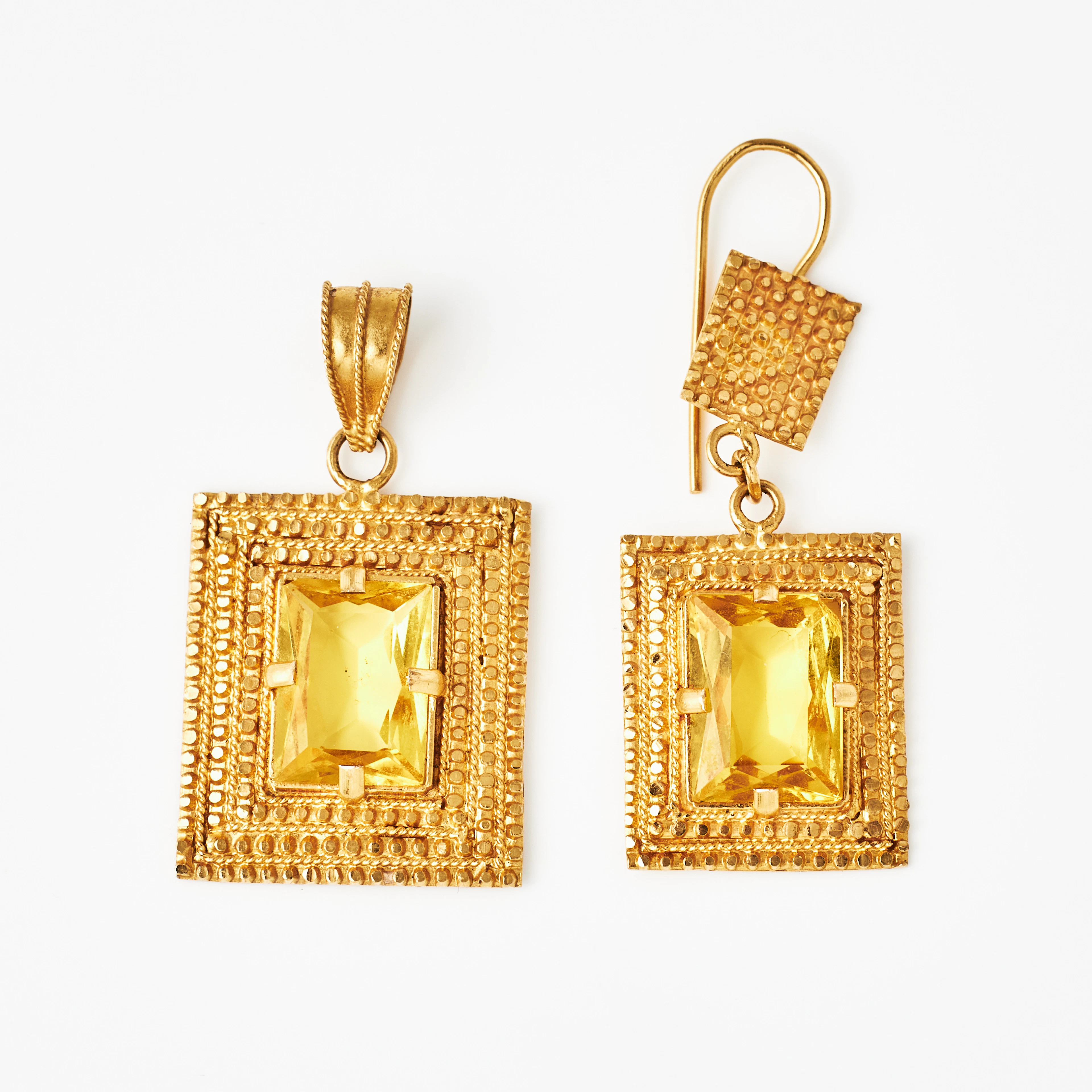 HÄNGE, ÖRHÄNGE, ca 20-21 k guld, dekor med fantasislipade gula stenar