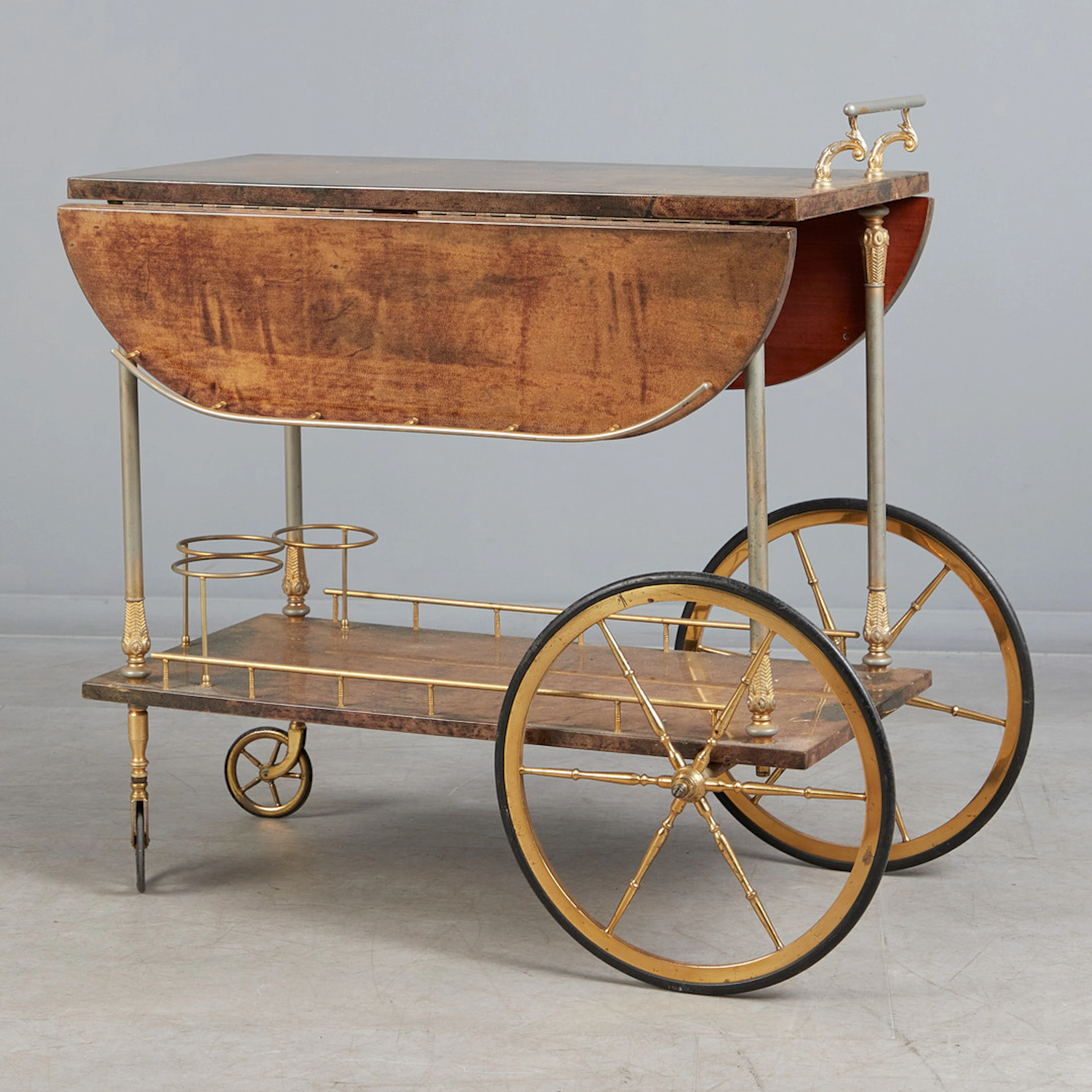 ALDO TURA. Barwagen / Servierwagen, Metall, Holz, Ziegenleder, 1970er