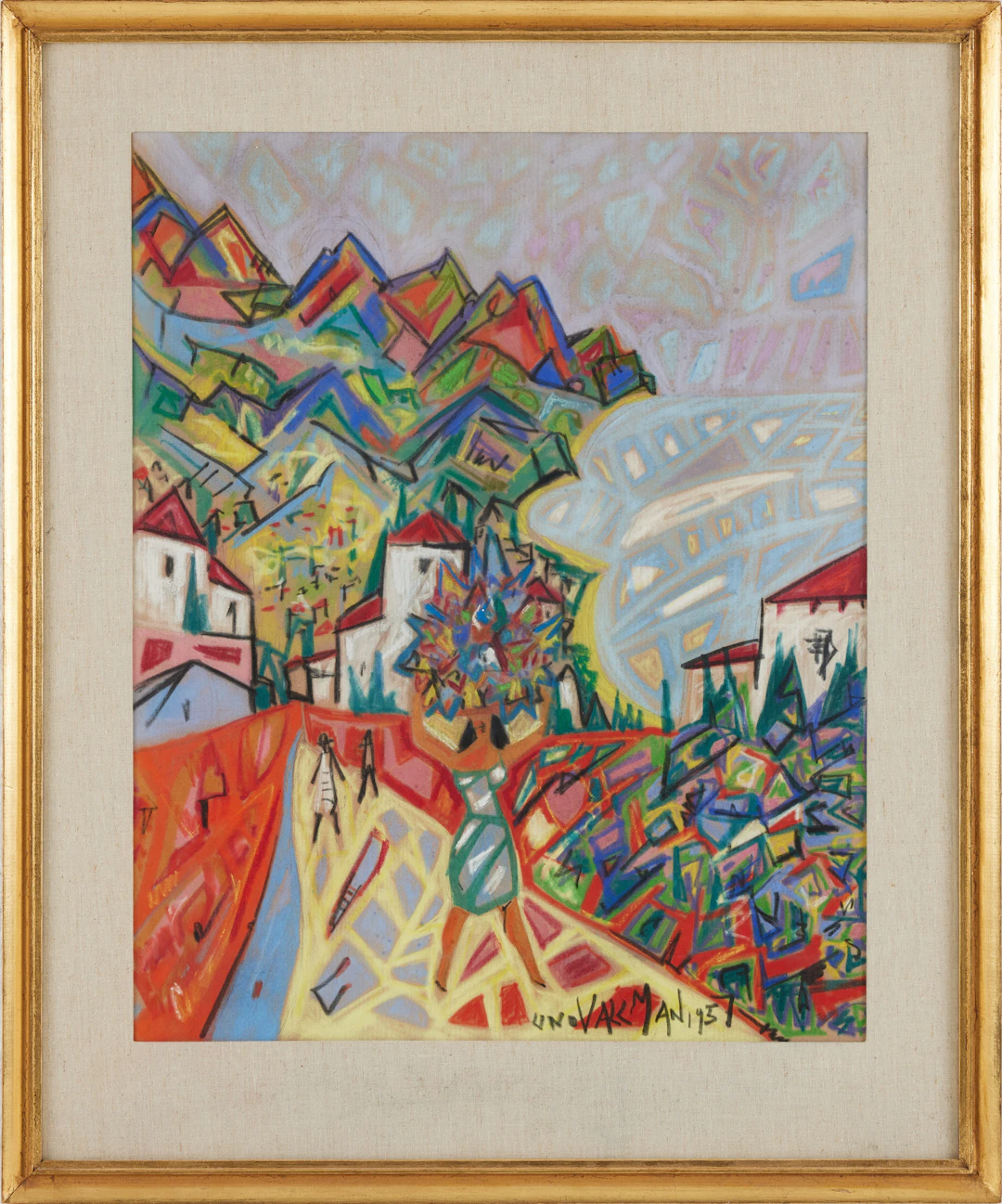 UNO VALLMAN. Bergslandskap med by i förgrunden, pastell, signerad