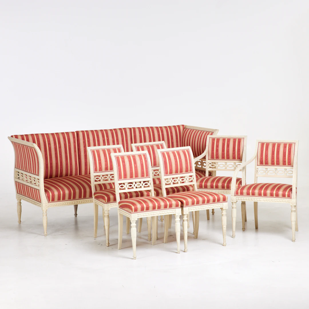 SALONGSGRUPP, 7 dlr, gustaviansk stil, soffa, stolar, karmstol, stomme