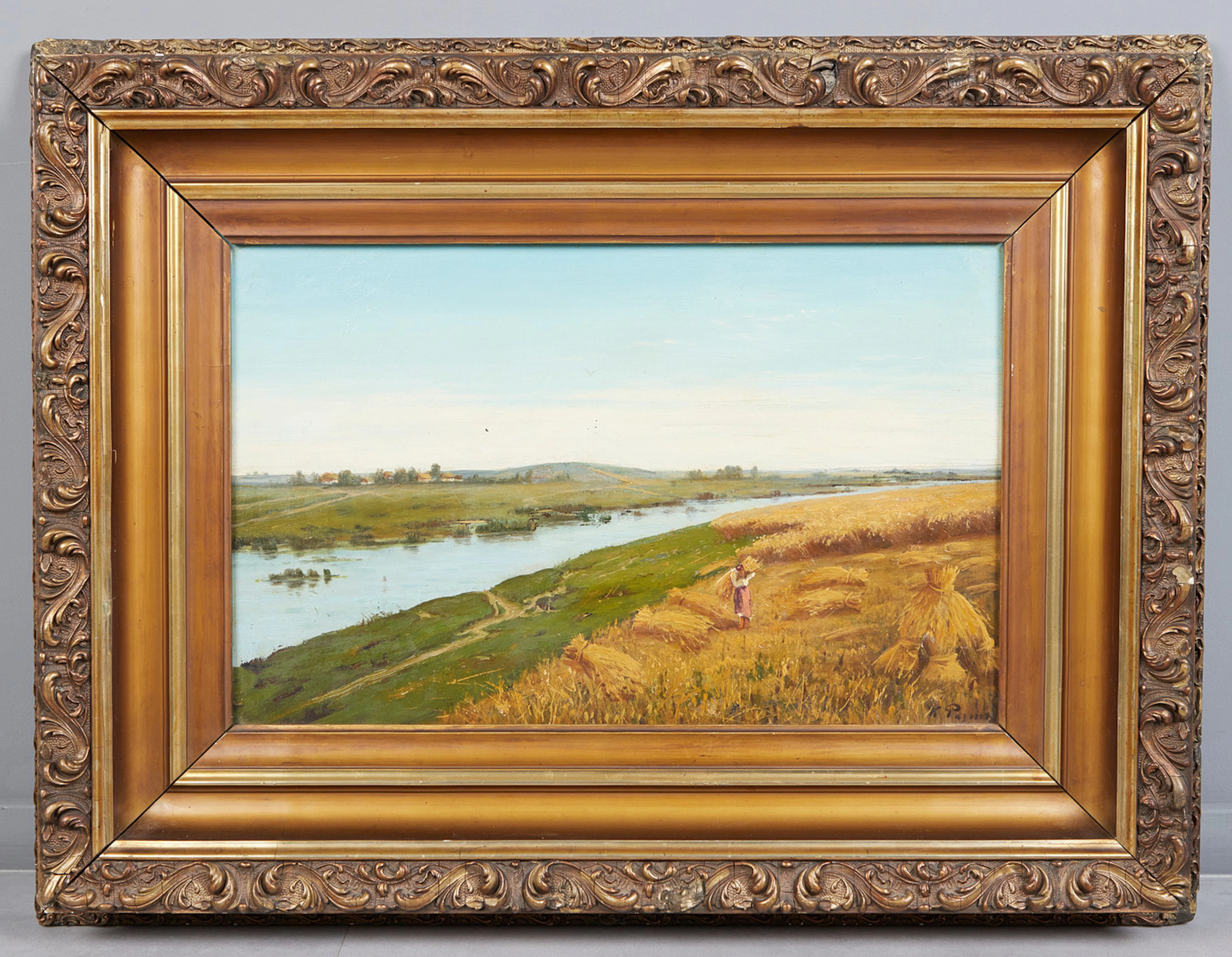 RUSS. KÜNSTLER*IN. Flusslandschaft, Öl auf Holz.