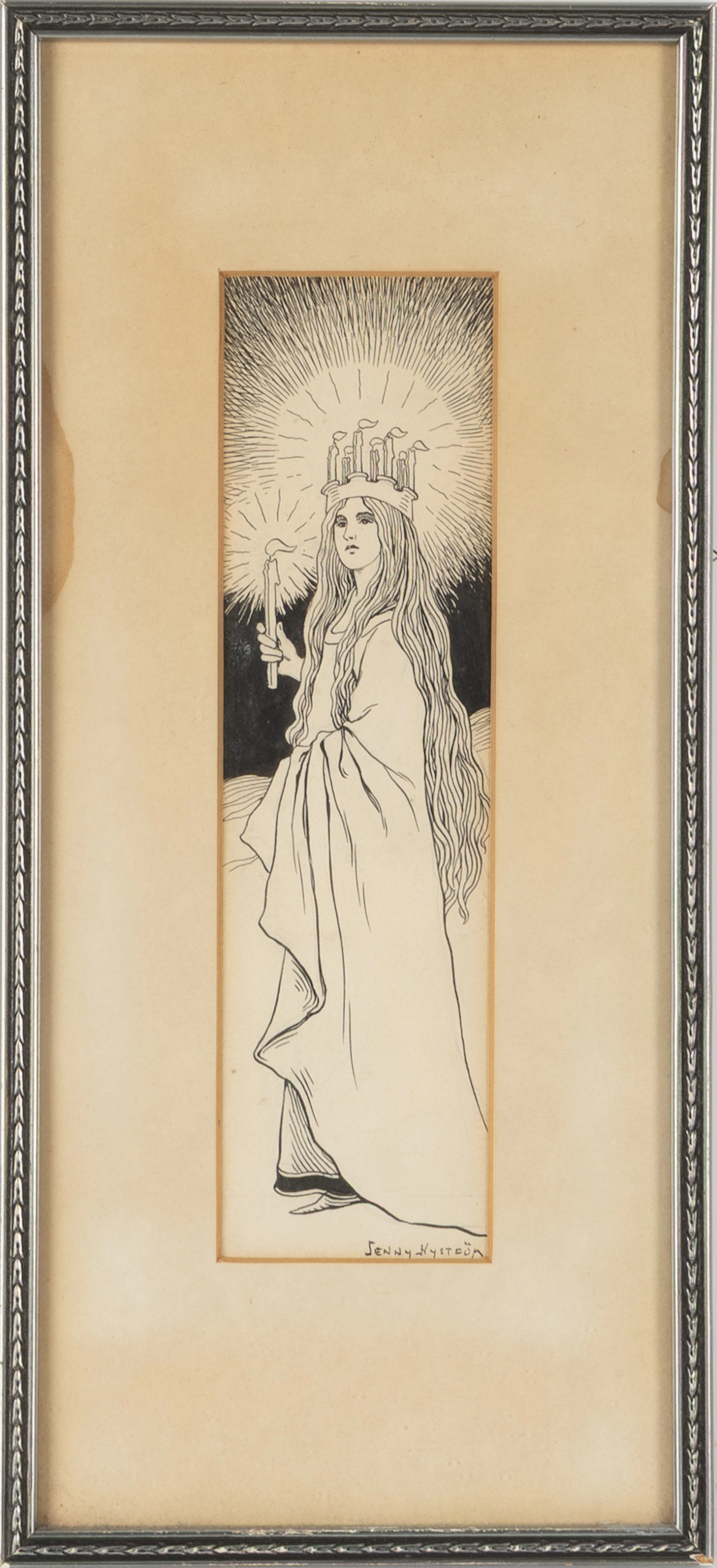 JENNY NYSTRÖM. Tusch, "Lucia och tomten", signerad.