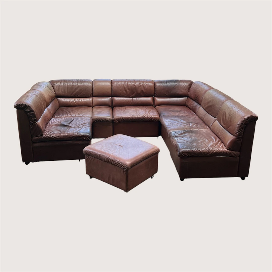 7-teiliges Modulsofa / Sofalandschaft mit Ottomane der 1970er Jahre, Leder (8).