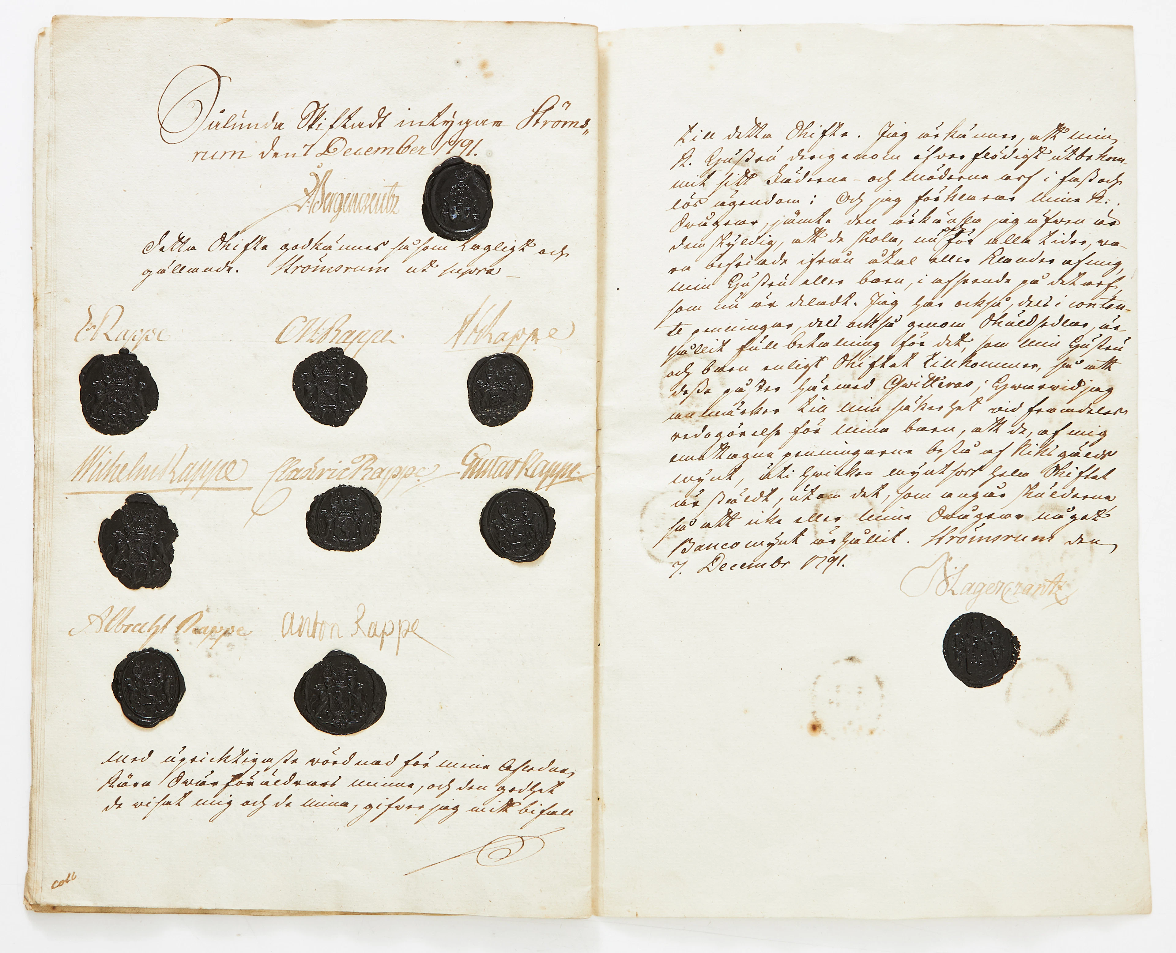 Dokument rörande familjen RAPPE, daterat Strömsrum 1791.