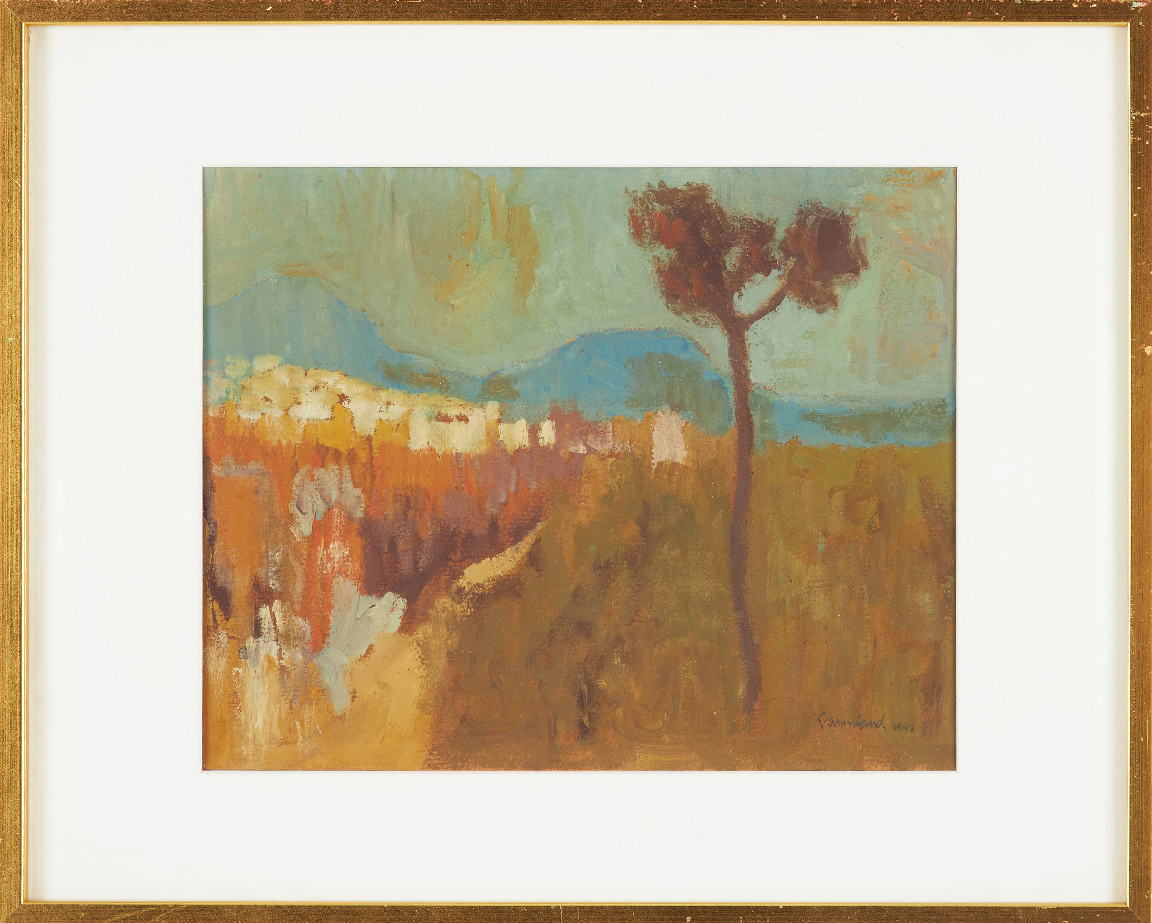 HARALD GARMLAND. Olja på papper, bymotiv, signerad, daterad 1947.