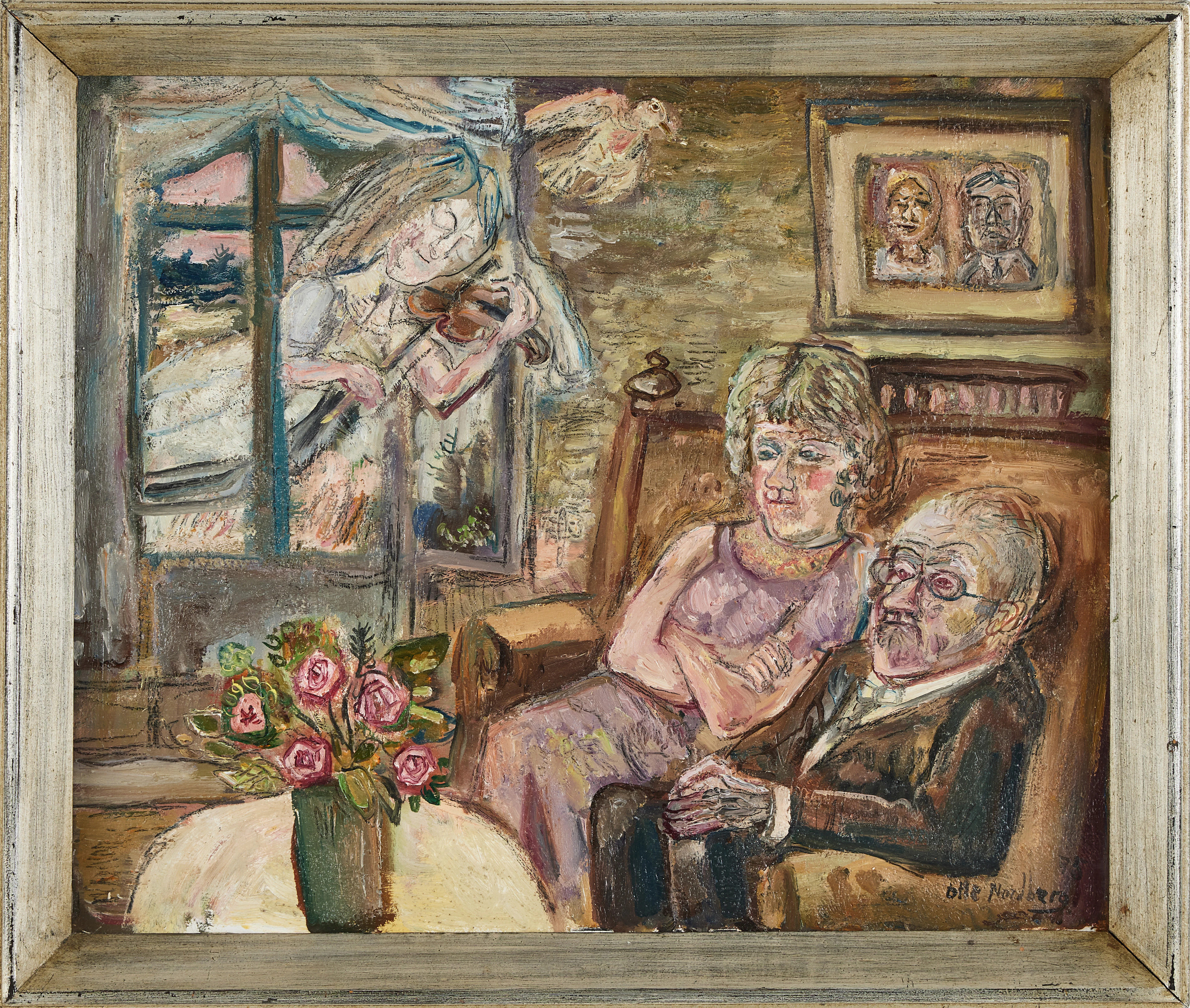 OLLE NORDBERG. Interiör med figurer, olja på pannå.